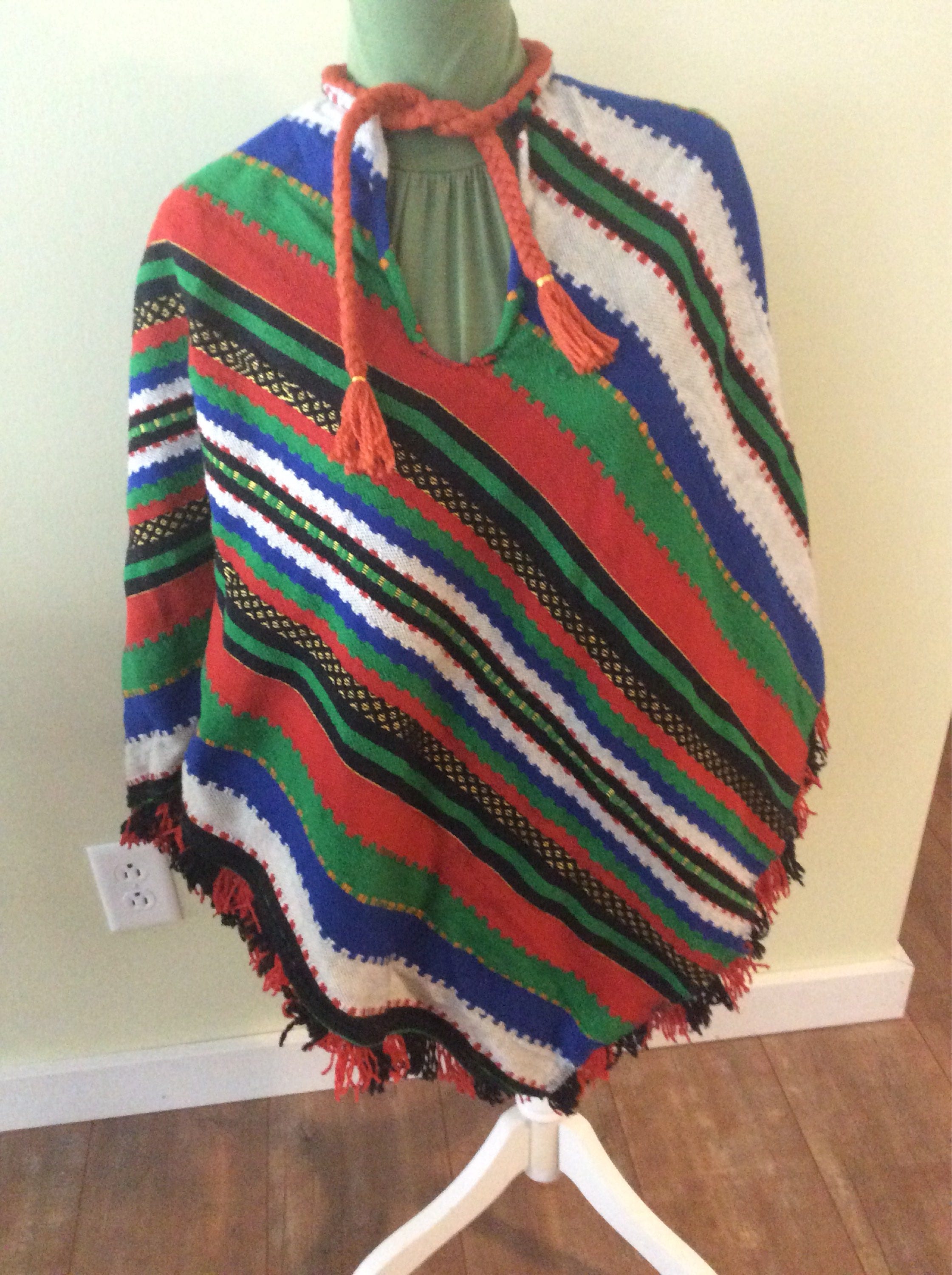 Vintage Striped Knit Wool Blend Poncho Shawl/Colorful Hippy