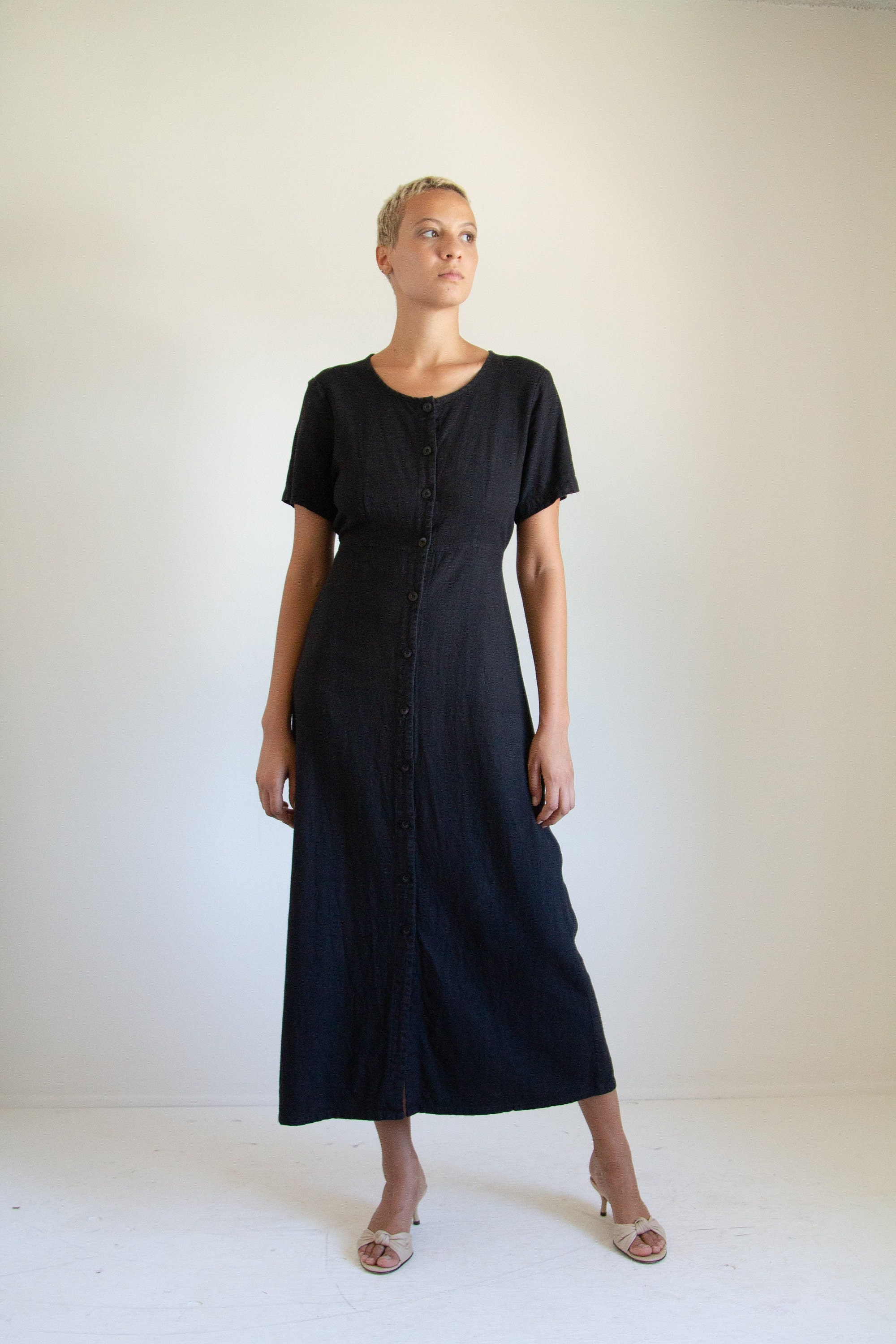 Vintage Black Minimal Long Linen-Blend Dress // M | 938