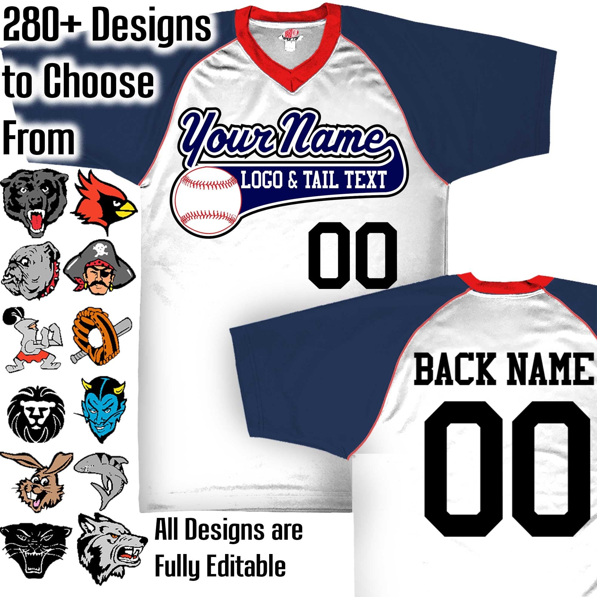 White, Navy Blue & Scarlet Red Custom Baseball Jersey With Your Team, Player Name Numbers Logo
