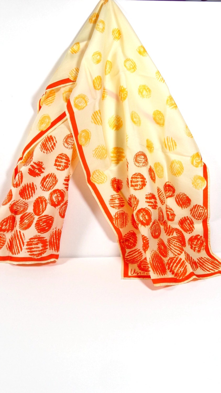 Vera Block Print Silk Blend Long Rectangular Scarf - Vintage Neumann Orange & Yellow Scarves By