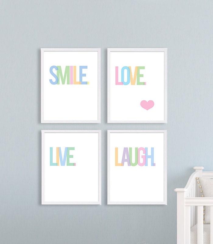 Nursery Art Baby Girls Room Love Print Laugh Smile Live Positive Quotes New Born Gift Shower Pastel Typography