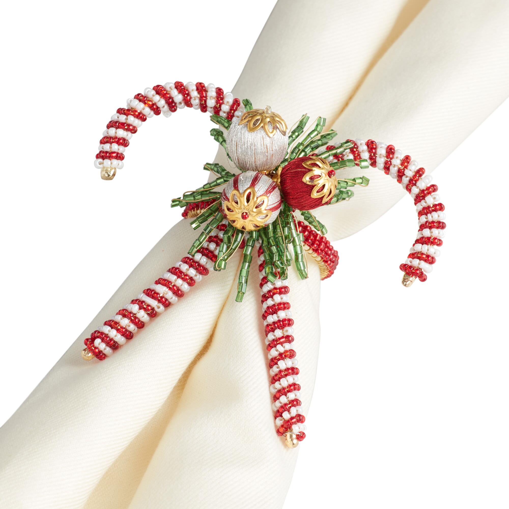 Pier Place Crossed Candy Cane Napkin Rings Set of 4: Multi - Glass by World Market