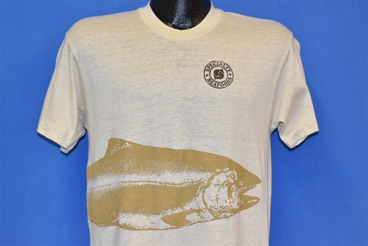 80S Specialty Seafood Bass Fish Wraparound Beige T-Shirt Medium