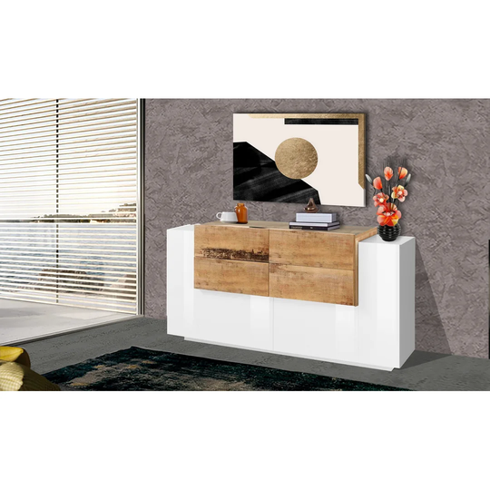 IDMarket Sideboard Toby 160cm - 4 Türen Weiß Mit Holzplatte Modernes Wohnzimmer Board