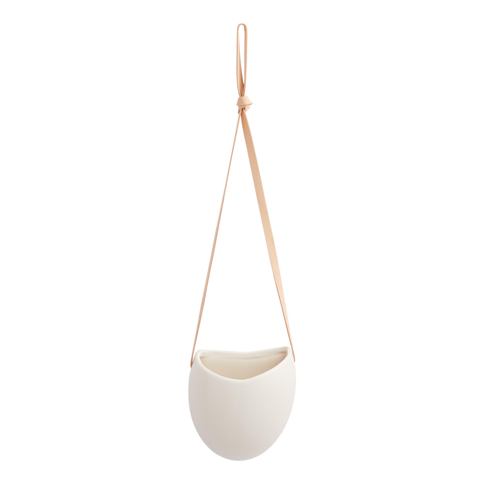 White Ceramic Hanging Wall Planter With Leather Strap by World Market
