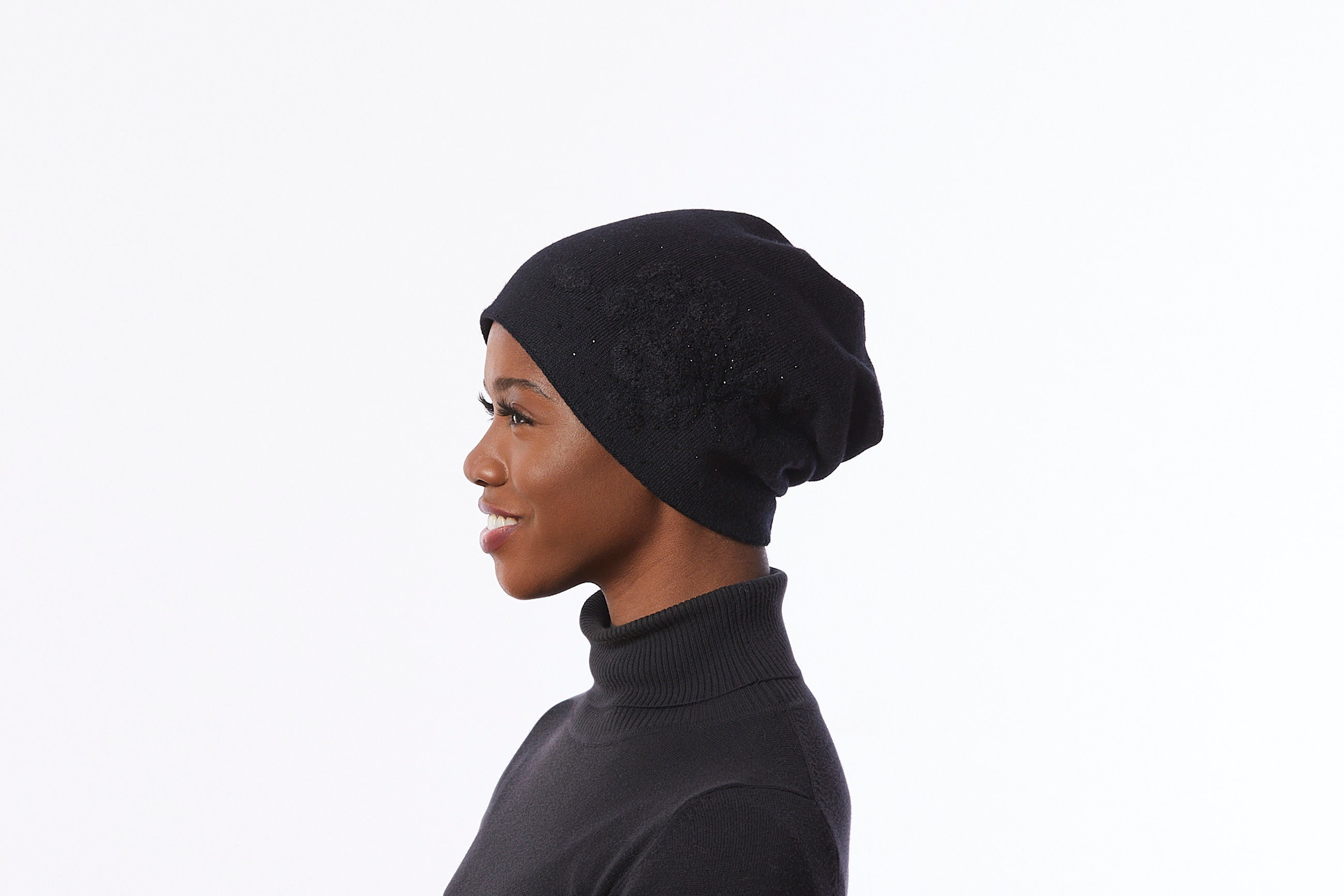 Cashmere Blend Hat in Black, Beanie Hat With Flower, Slouchy Winter Hat, Black Knit