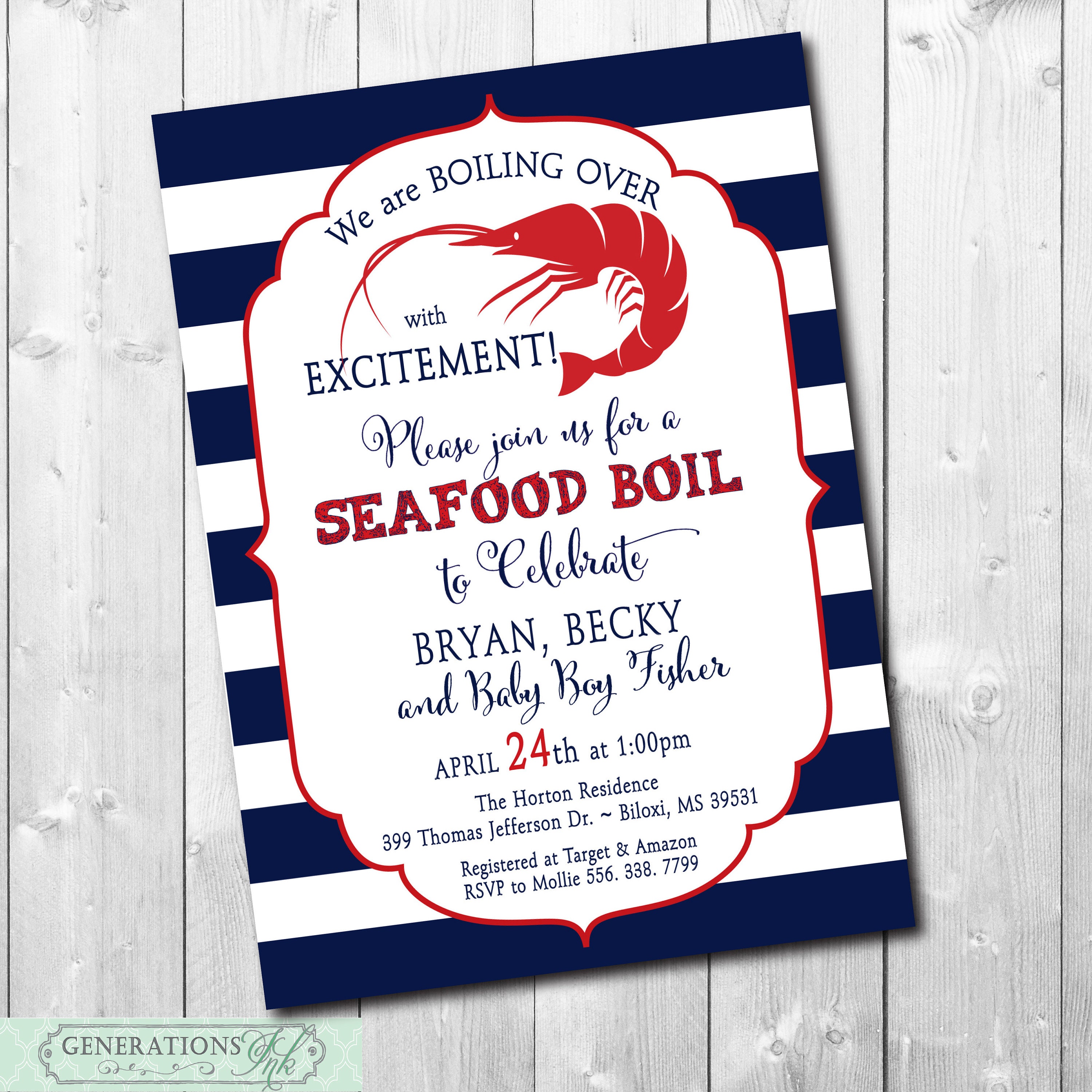 Baby Shower Invitation, Seafood Boil, Shrimp Crawfish Low Country/Printable/Digital File, Navy/Wording & Colors Can Be Changed