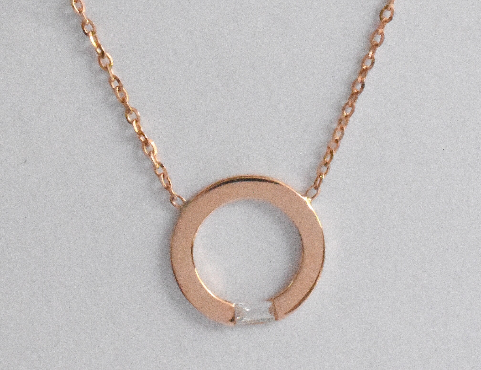 Baguette Diamond Pendant in 14K Gold/Circle Necklace With Solitaire Dainty Ojgd44/14