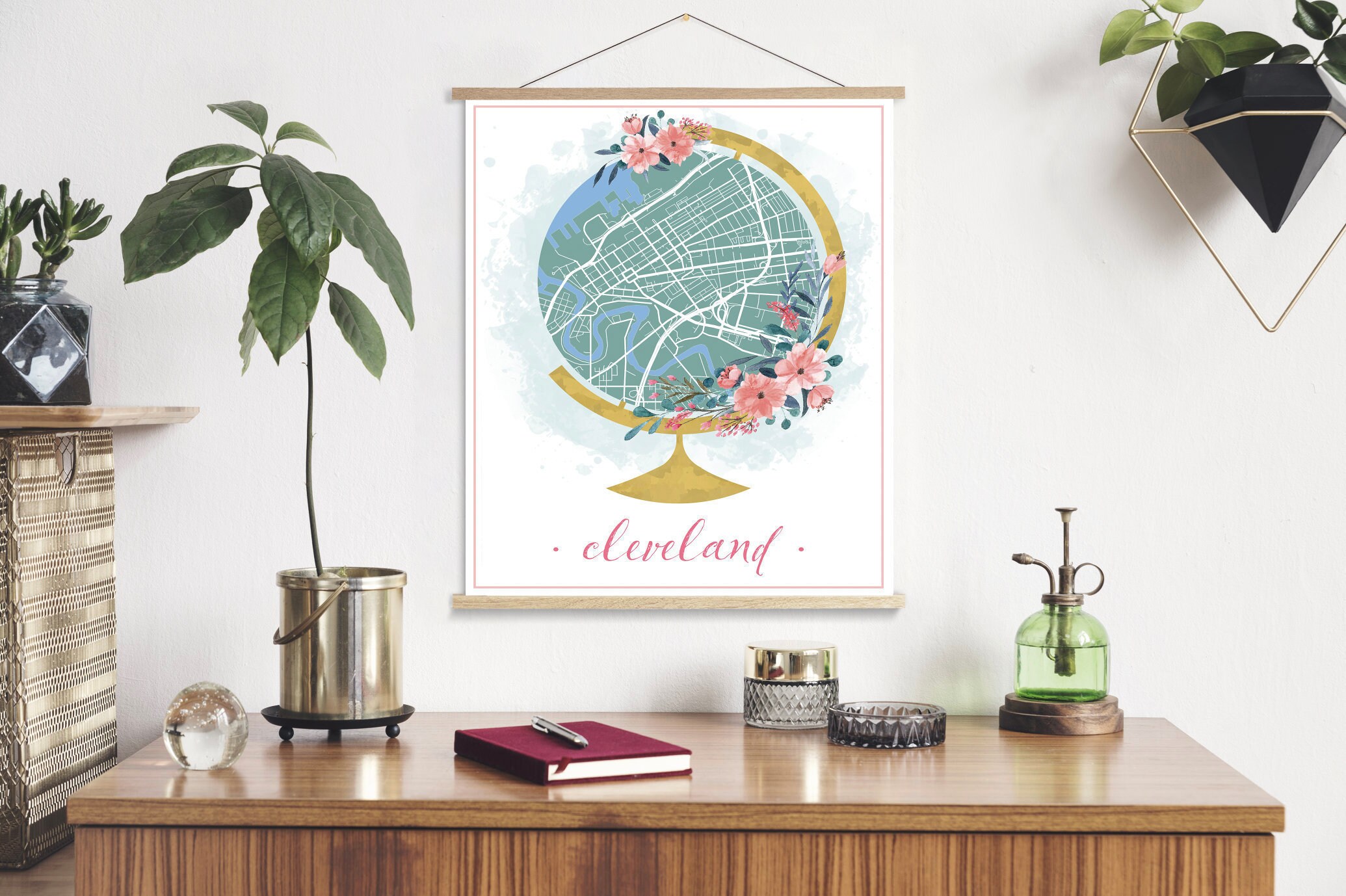 Cleveland Ohio Watercolor Globe Street Map | Hanging Canvas Of Printed Marketplace