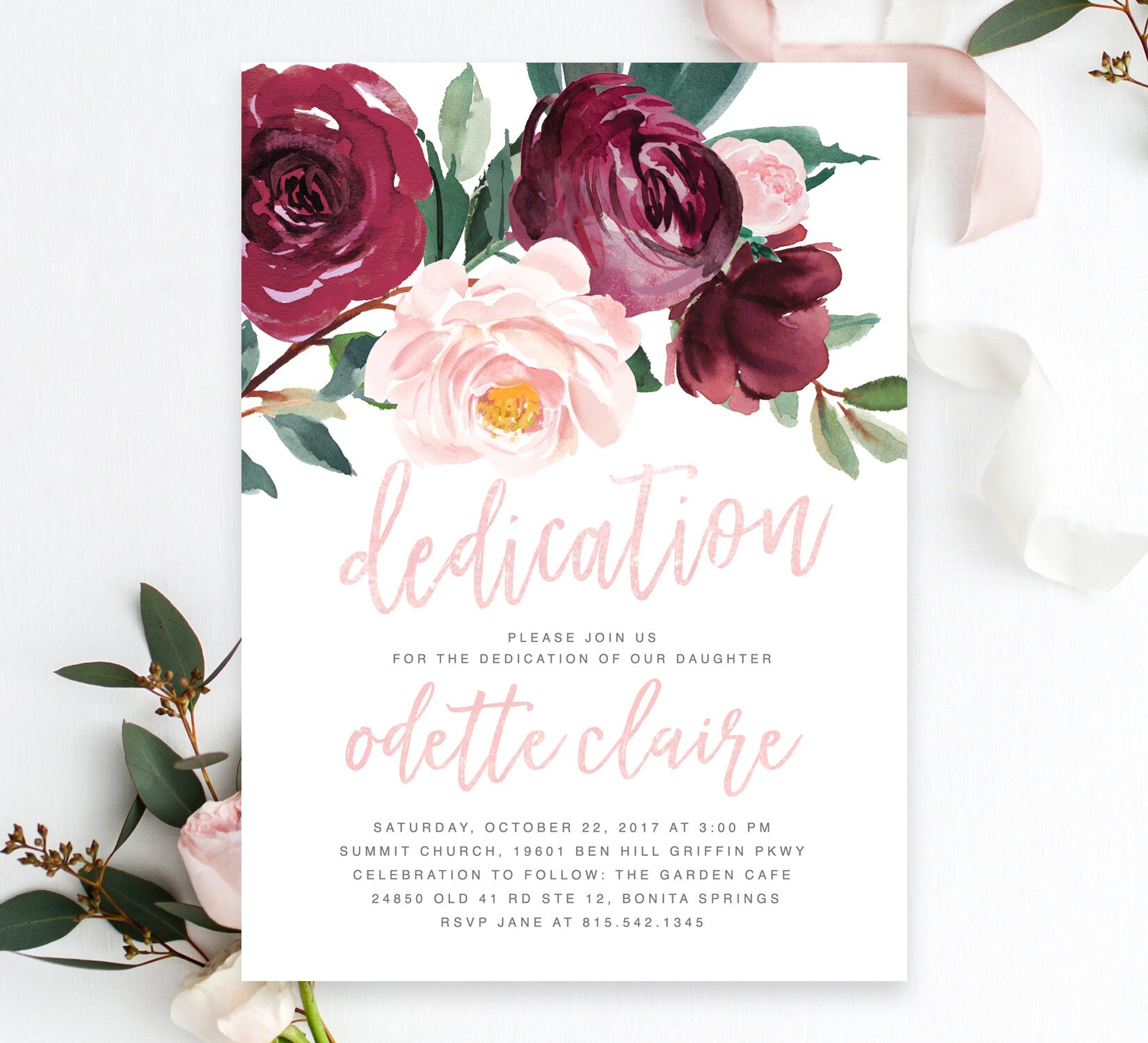 Dedication Invitation Girl, Girl Invite, Floral Invitation, Blush Pink & Burgundy Flowers, Greenery - Pi-O, Odette