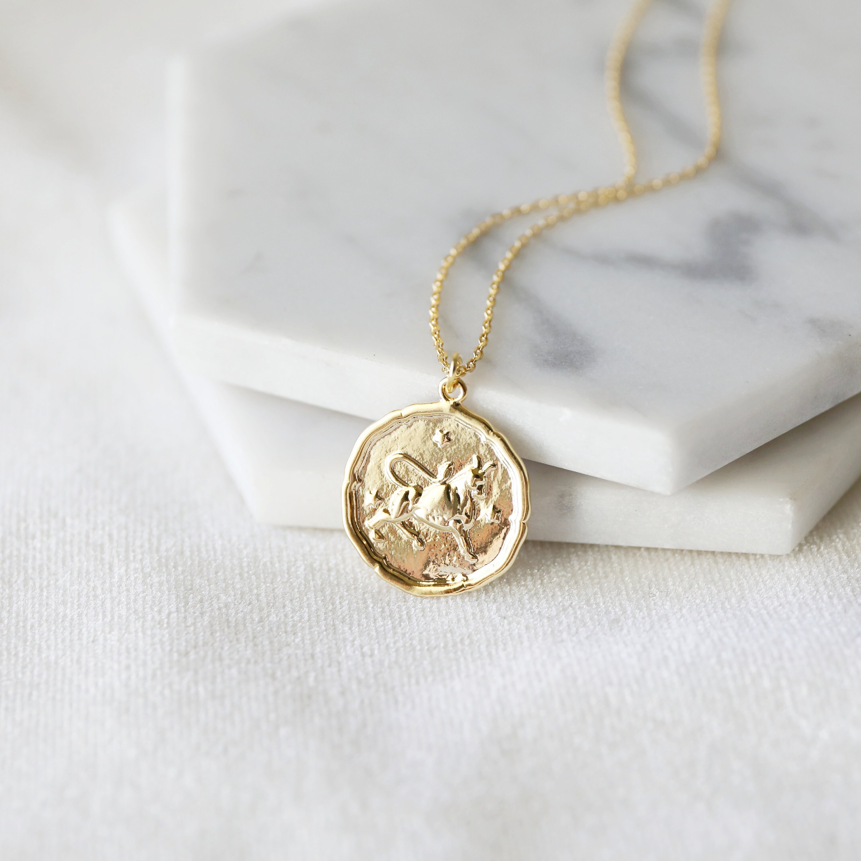 Gold Taurus Sign Coin Necklace, Zodiac Jewelry, Celestial Jewelry, Constellation May Birthday Gift, Bridesmaid Gift