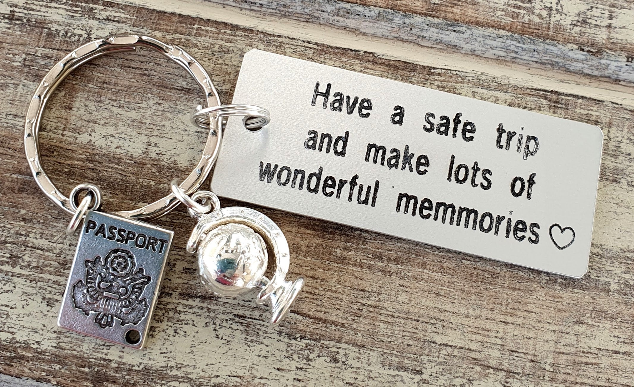Have A Safe Trip Personalized Keychain, Long Distance Unique Gifts For Frequent Travelers Engraved Travel Keyring, Passport & Globe Charm