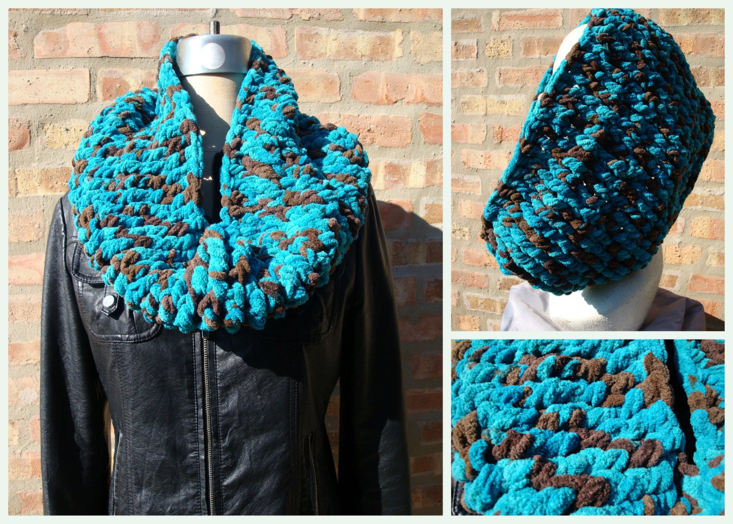 Aqua & Brown Blend Cowl - Crocheted Handmade Ready To Ship Chenille Warm Soft