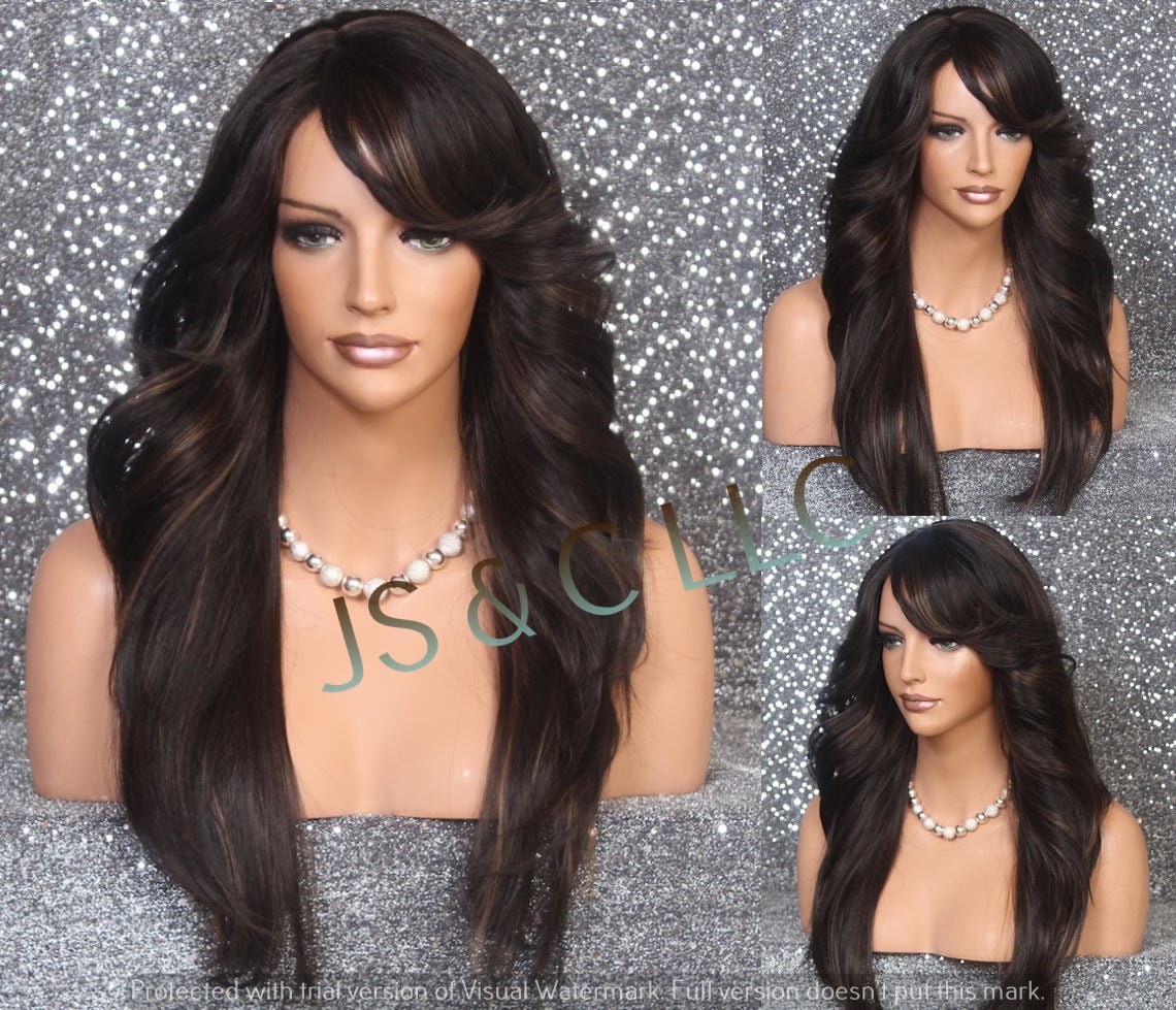 Human Hair Blend Dark Brown Light With Auburn Highlights Wig Wavy Sides & Long Bangs Cancer Alopecia Theater Cosplay Club