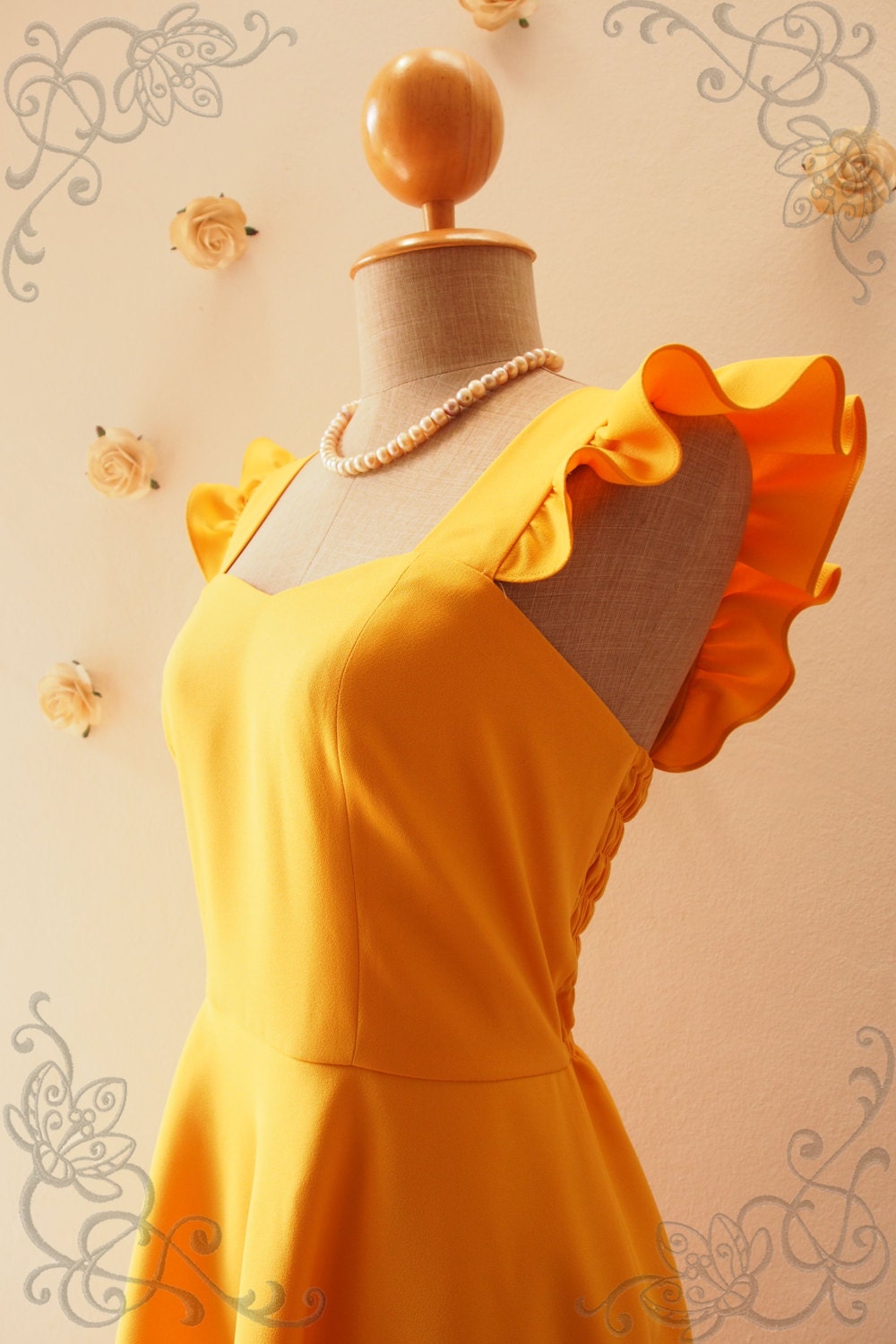 Olivia - Bright Mustard Yellow Dress Ruffle Sleeve Party Bridesmaid Reception Summer Dress -Size Xs-Xl