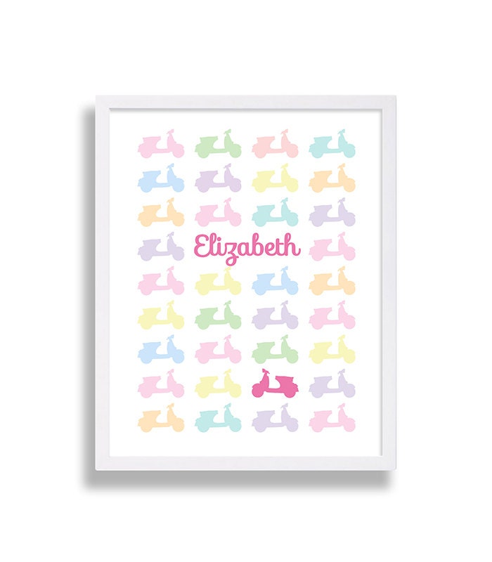 Baby Name Nursery Print Pink Decor Scooter Art Multi Color Beautiful