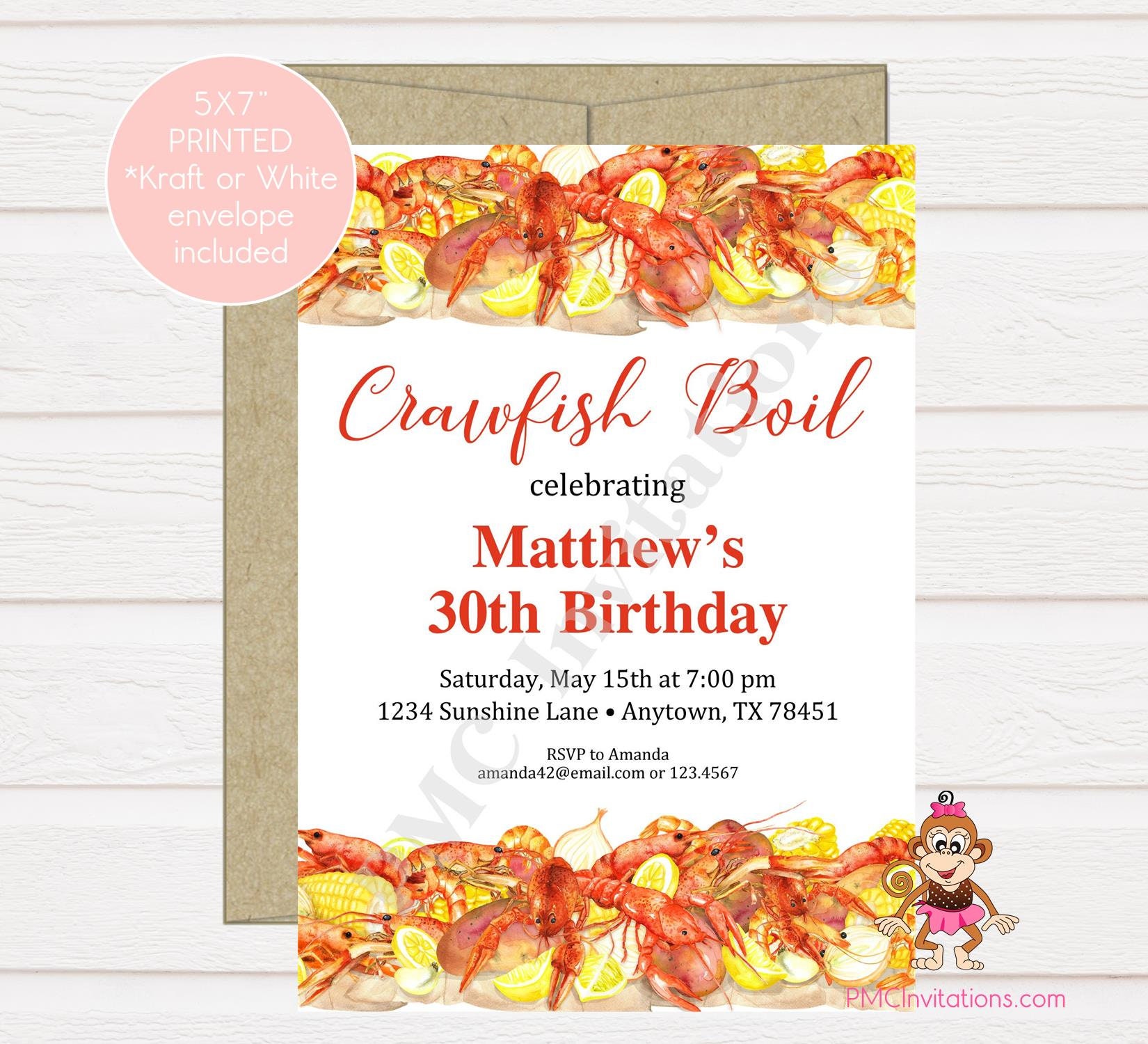 Custom Printed 5x7 Crawfish Boil Invitation, Crawfish, Cajun Seafood, Birthday, Baby Shower, Bridal Envelope Included