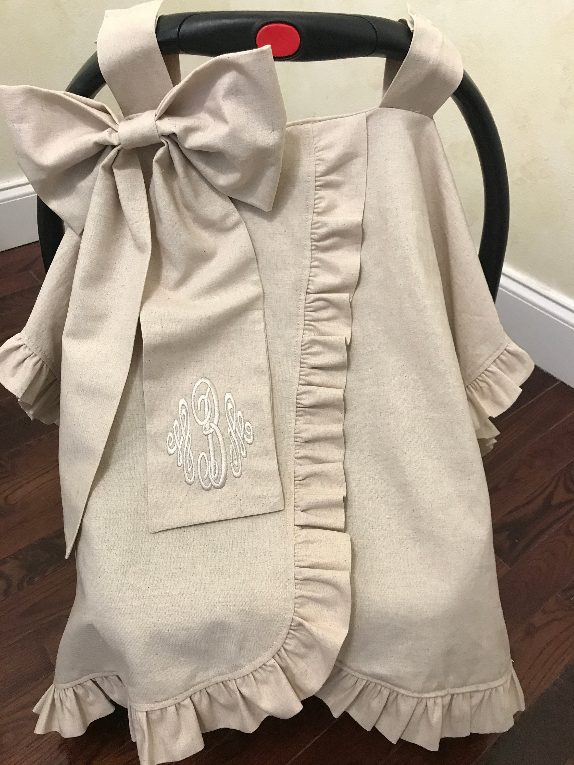 Natural Linen Blend Personalized Car Seat Canopy With Large Bow & Ruffle, Monogrammed Tent, Baby Shower Gift