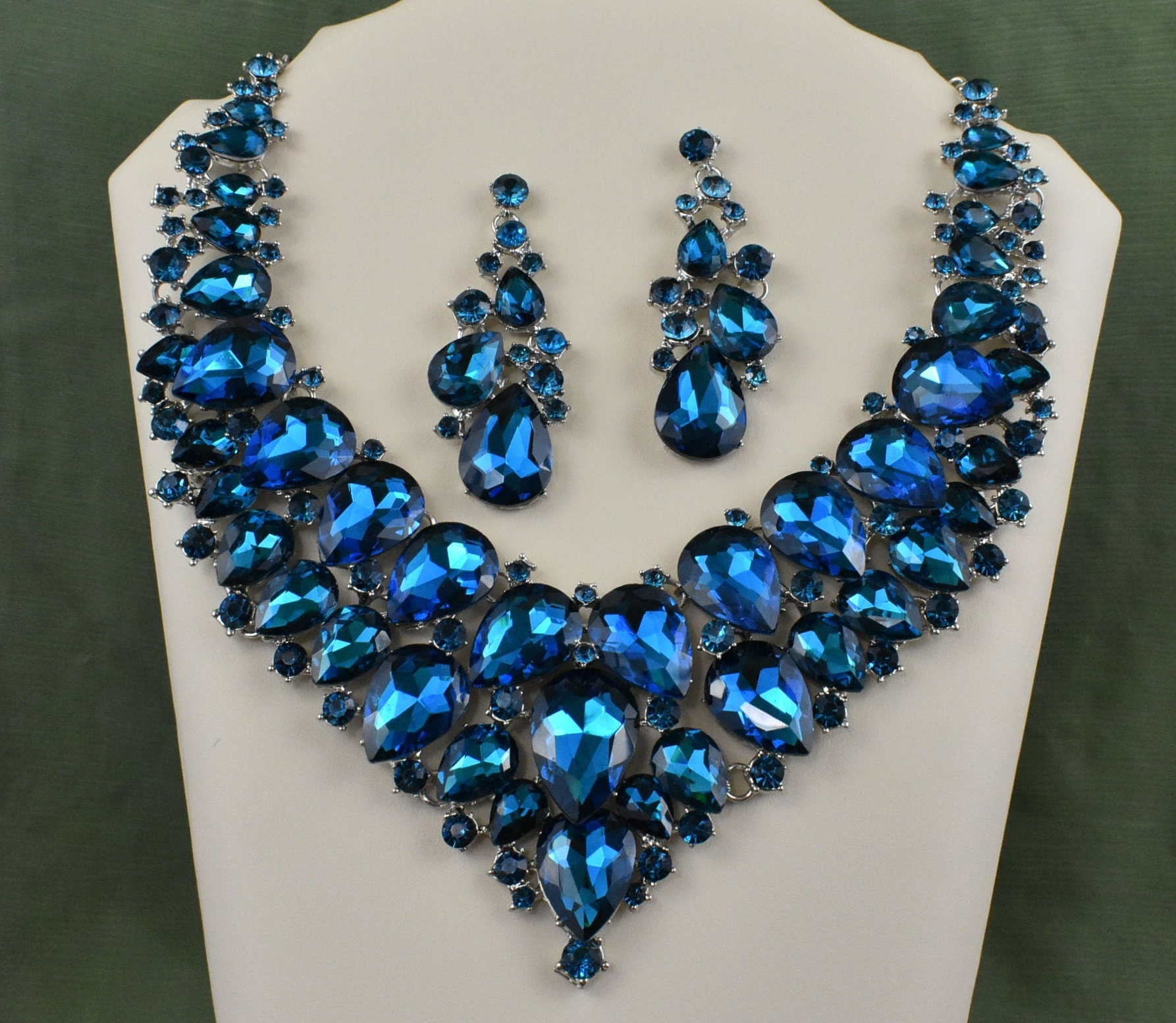 Rhinestone Necklace & Earrings Set, Aqua Rhinestone Crystal Bridal Necklace Set