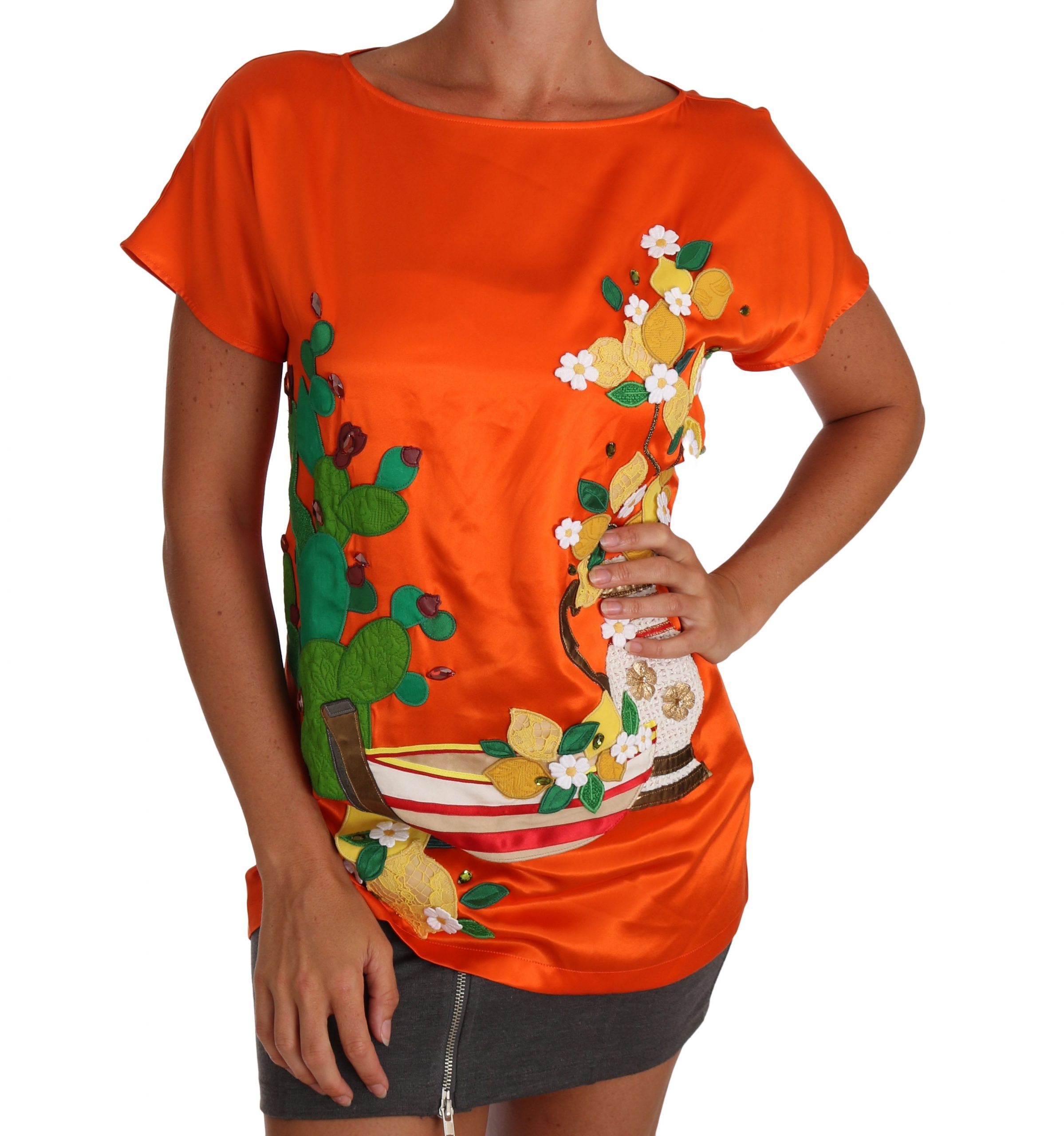 Dolce & Gabbana Women's Sicily Crystal T-Shirts Orange TSH2381 - IT36 | XS