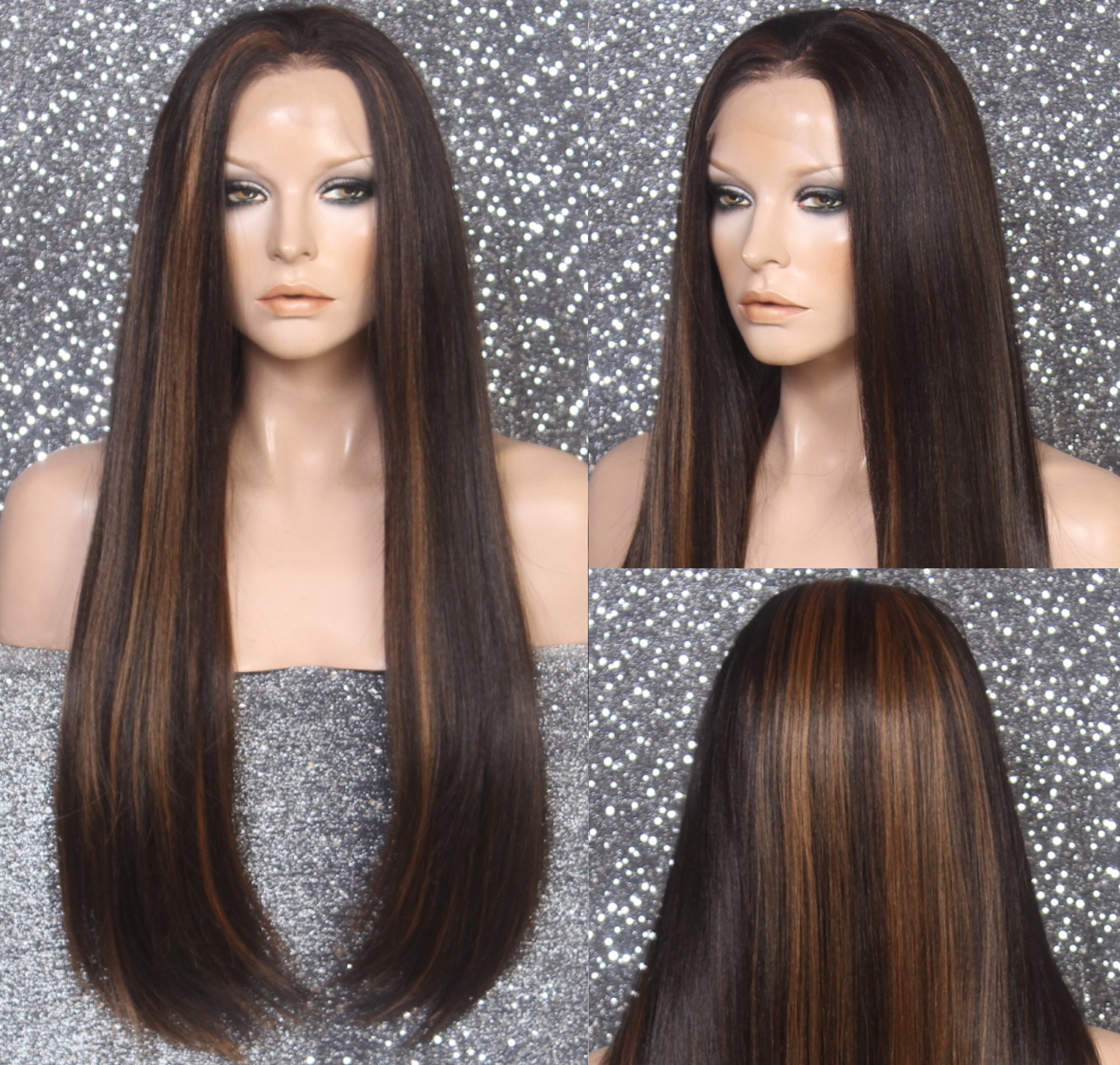 Free Parting Human Hair Blend Full Swiss Lace Front Wig Long Layered Straight Brown Auburn Mix For Everyday Wear