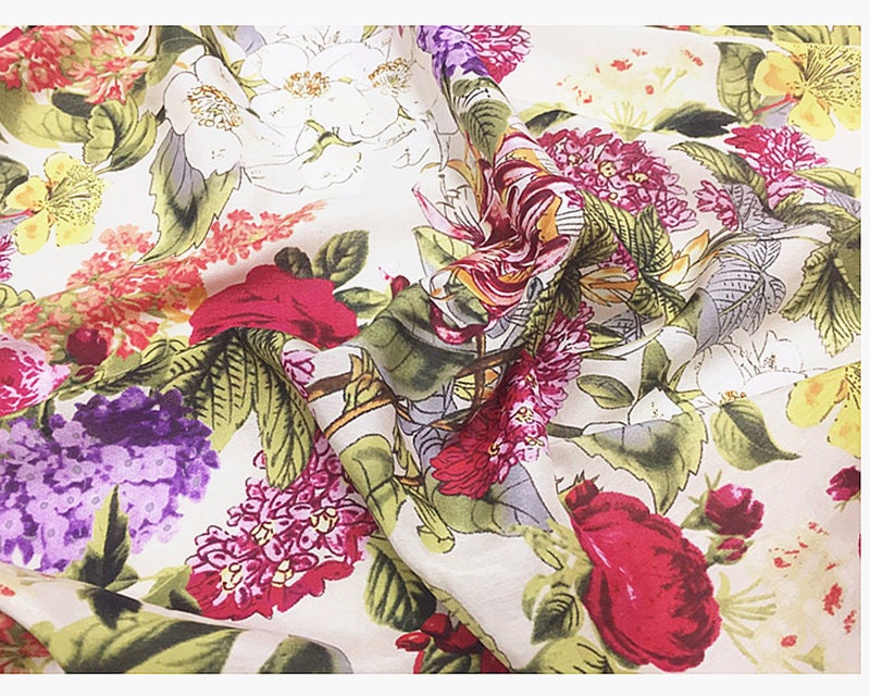 Floral Print Beige Silk Cotton Blend Fabric Width 54 Inch