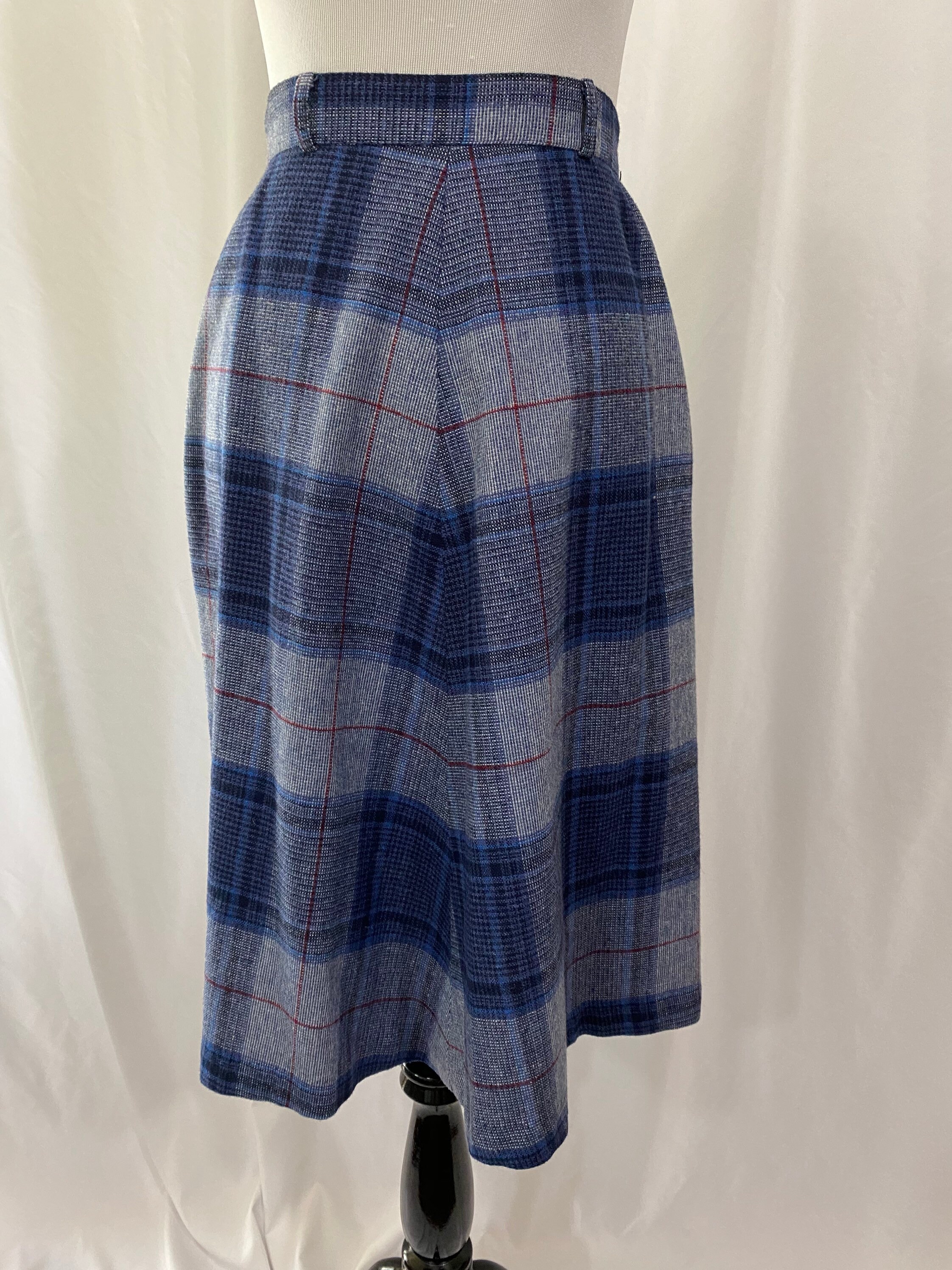 1970S Blue Plaid Full Wool Blend Skirt, Xs