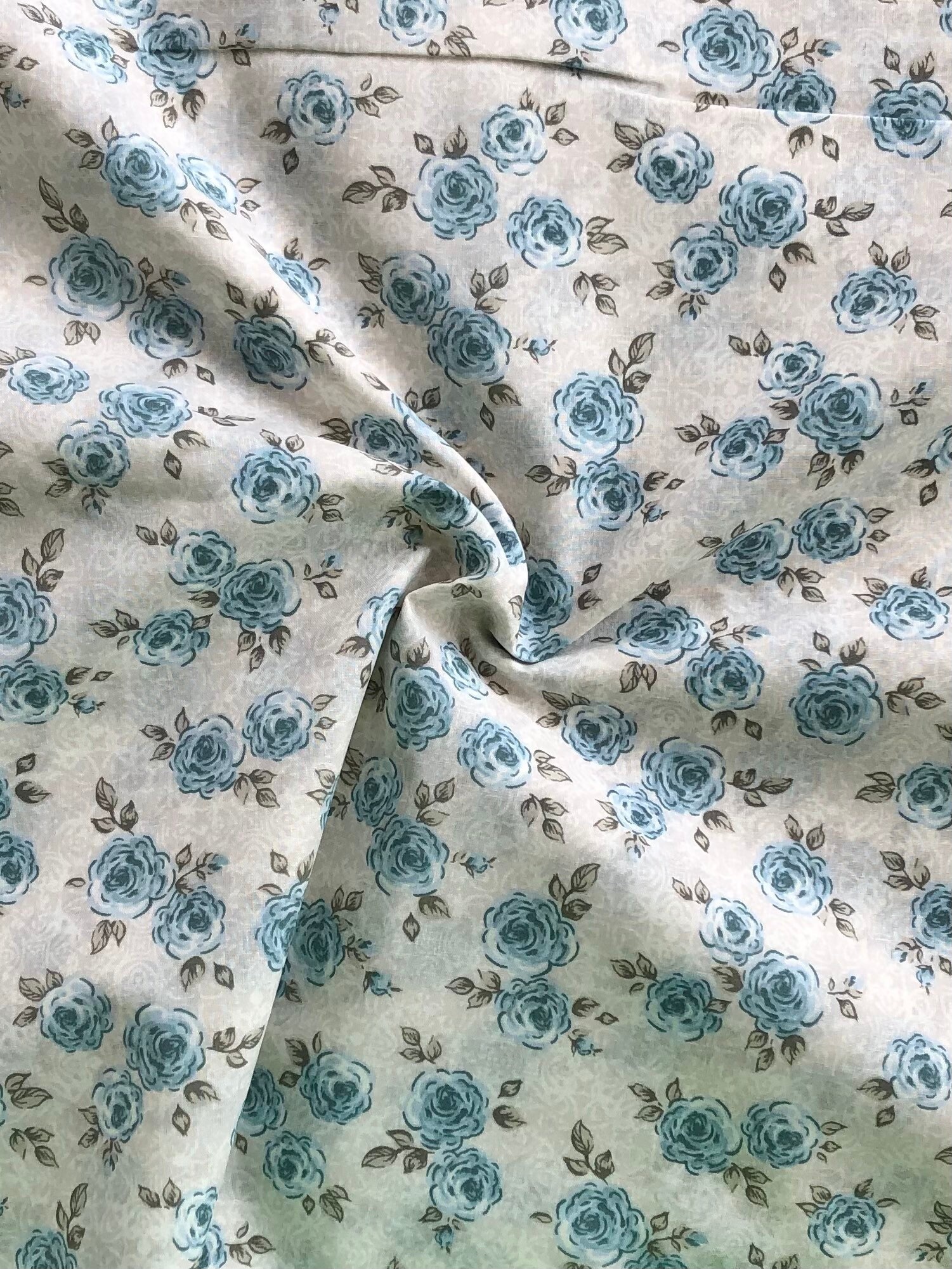 Poly Cotton Blend Aqua Roses On Taupe 58/60 By The Yard/Half Yard