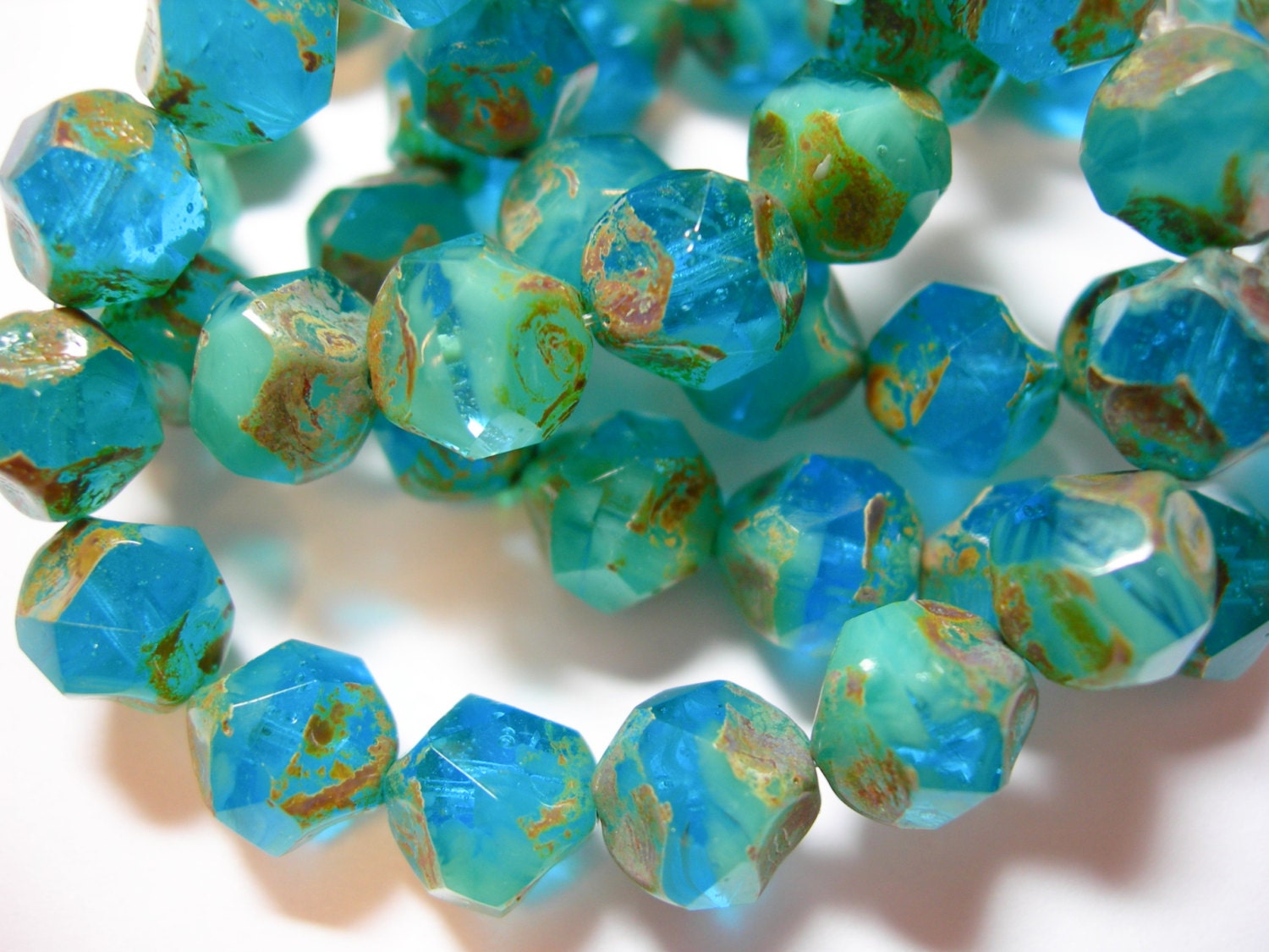 15 9mm Aqua Blend Picasso Faceted Firepolished Thru Cuts Czech Glass Beads