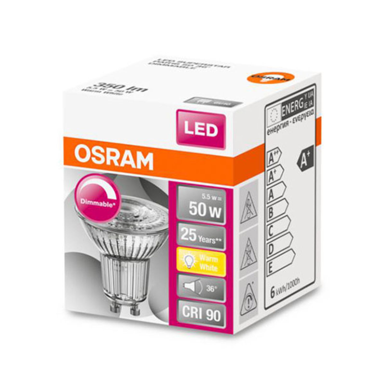 OSRAM-LED-lasi-heijastin GU10 4,5W 927 36° dim