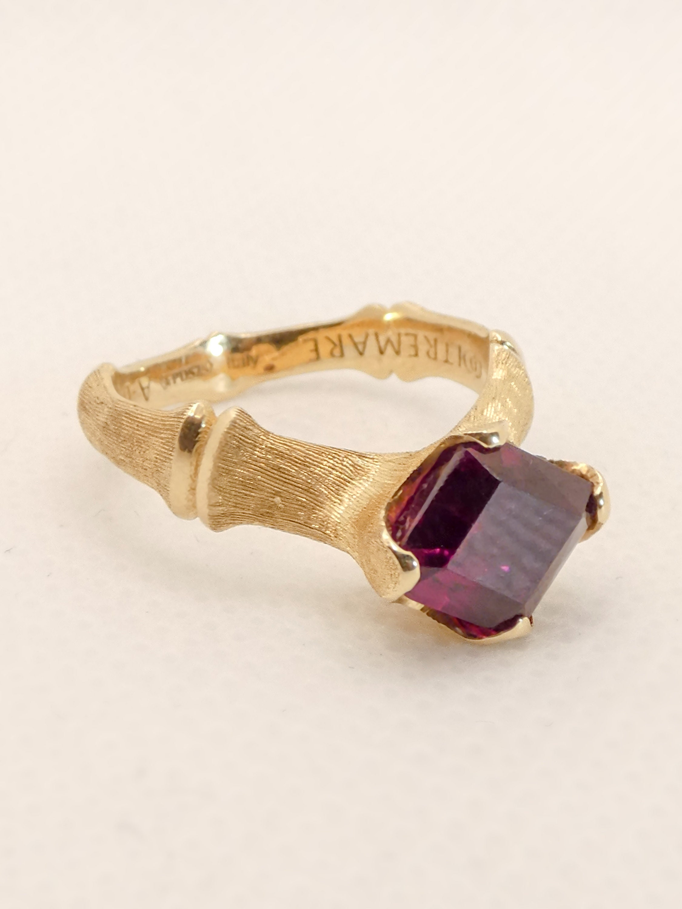 Garnet Ring in 14K Solid Gold Made Italy, One Of A Kind Ring, Bamboo Ring