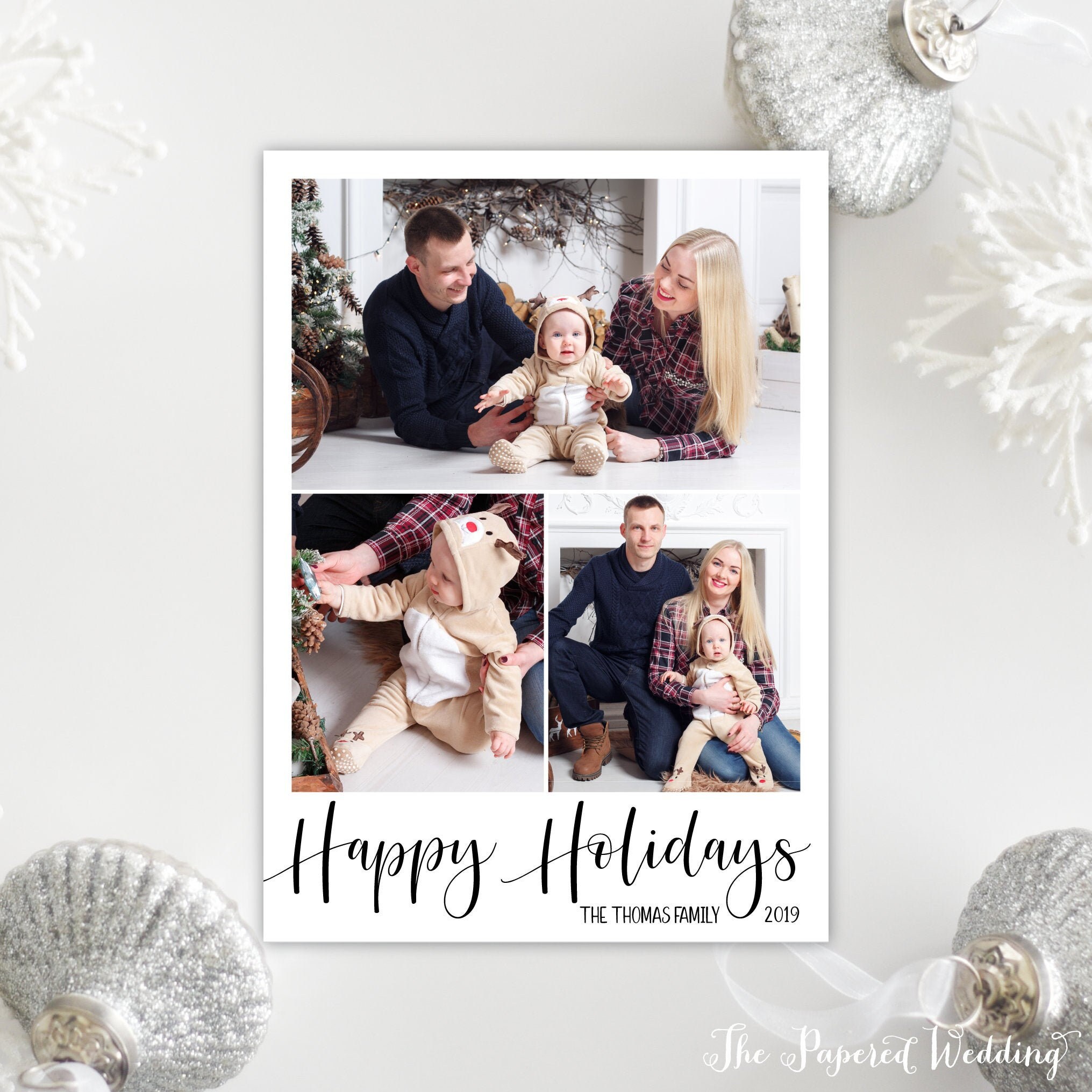 Printable Or Printed Happy Holidays Picture Collage Christmas Cards - Simple Three Photo Holiday in Black & White 085 P3