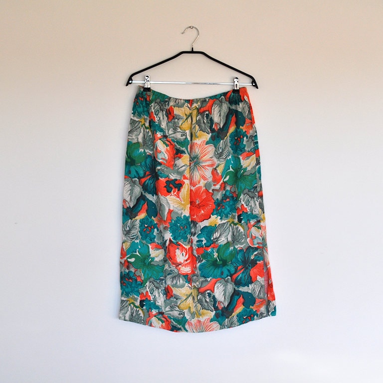 Vintage High Elastic Waist Linen Blend Floral Midi Skirt