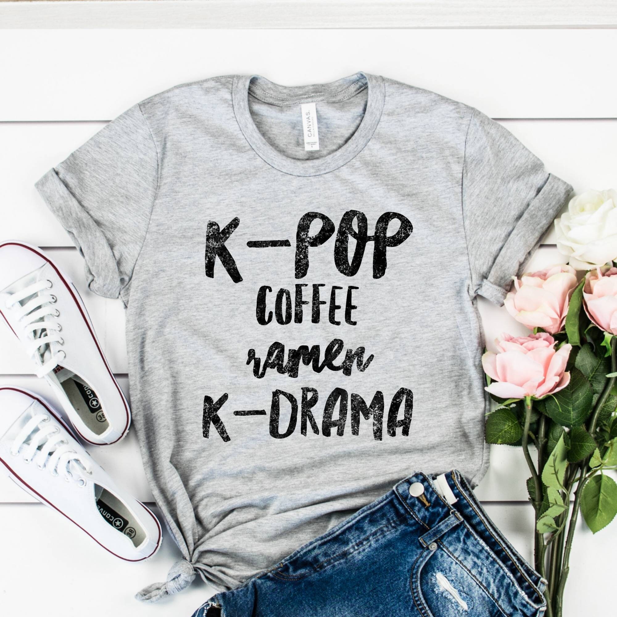 K-Pop Coffee Ramen K-Drama Shirt, Hoodie, Sweatshirt, Funny Korean T-Shirt, Christmas Gift Korean, Kpop Kdrama Distressed Tanks