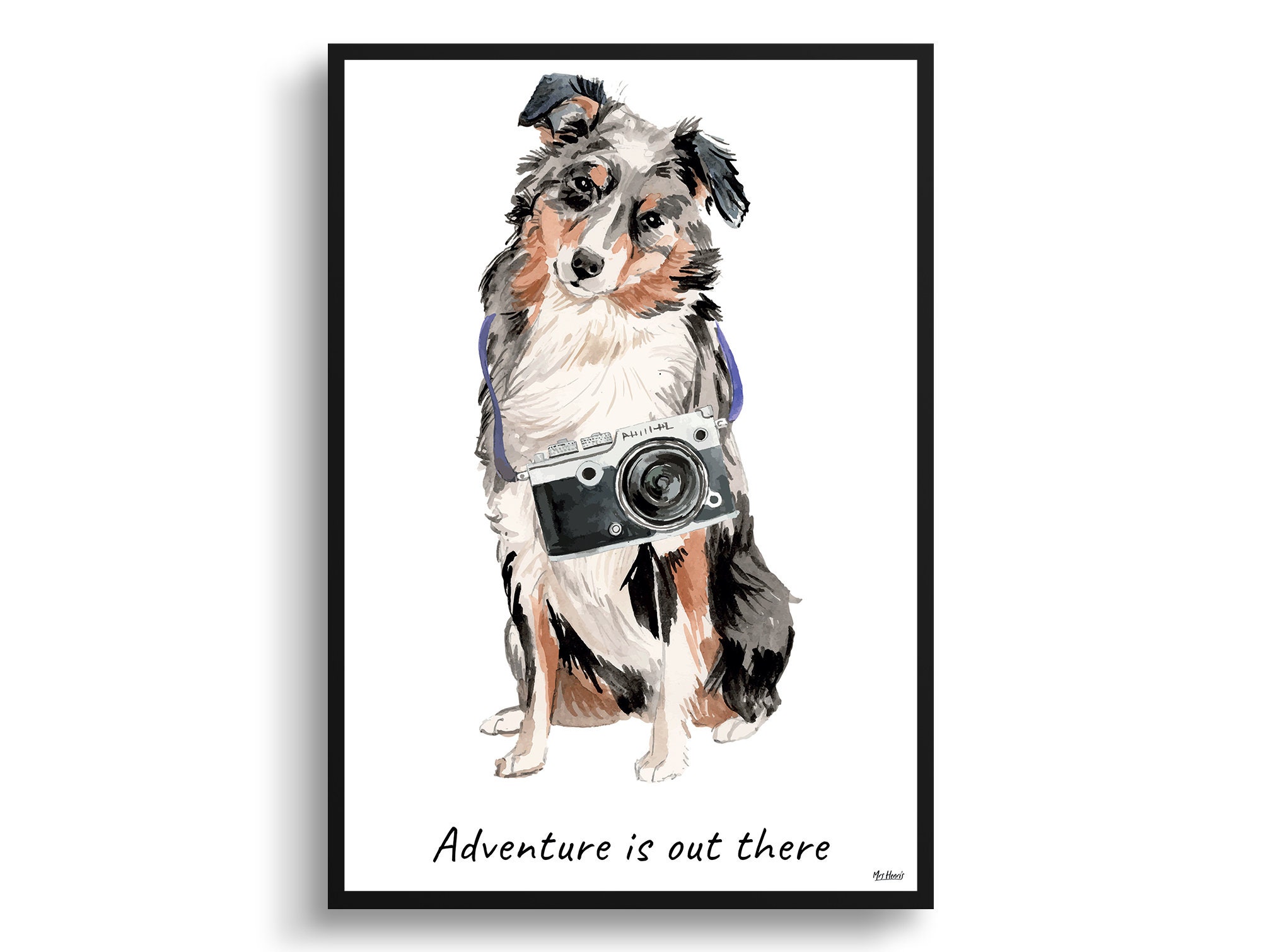 Adventure Is Out There Australian Shepherd Dog Print Illustration. Framed & Un-Framed Wall Art Options. Personalised Name