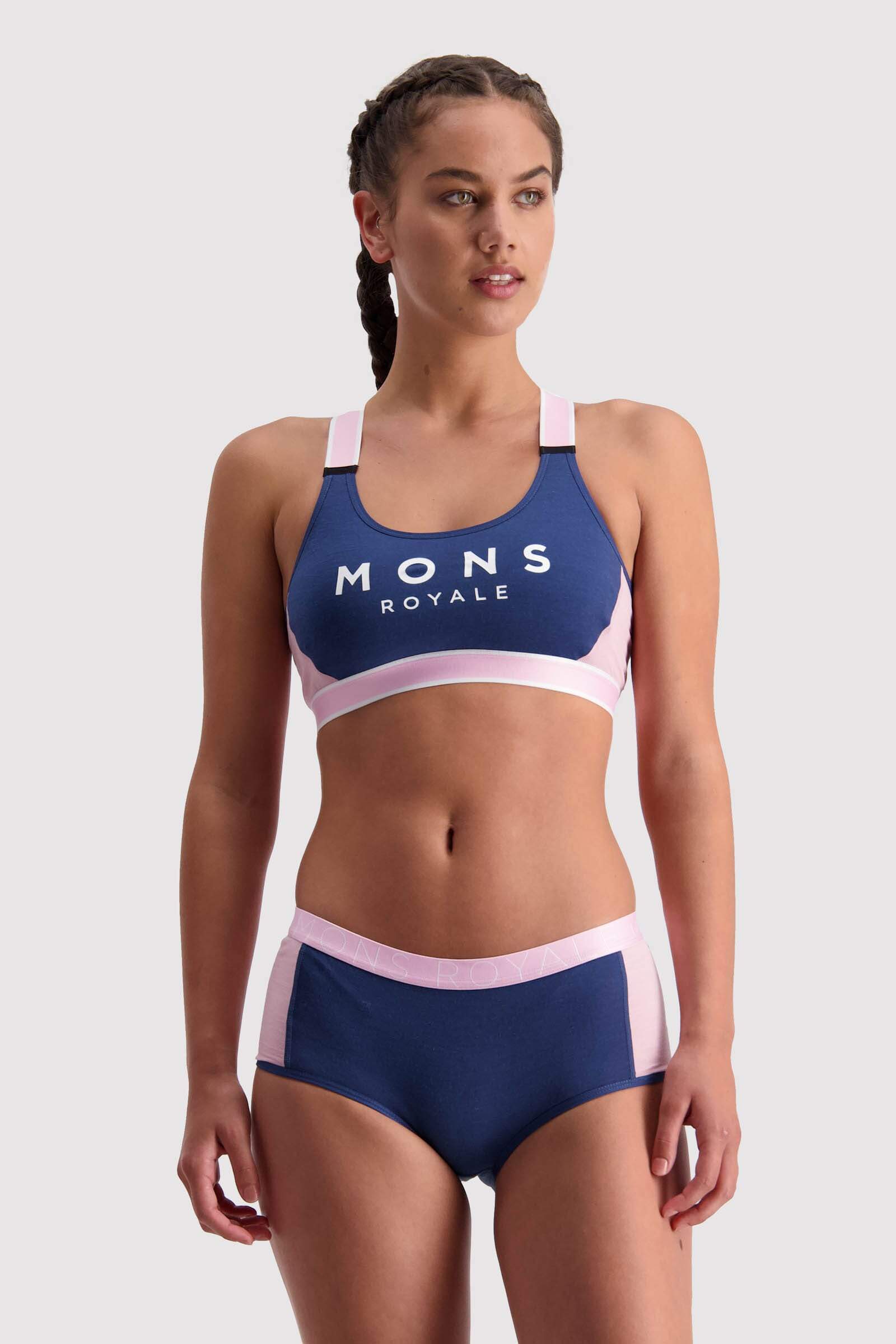 Mons Royale Women's Stella X-Back Sports Bra - Merino Wool, Dark Denim / Powder Pink / XS