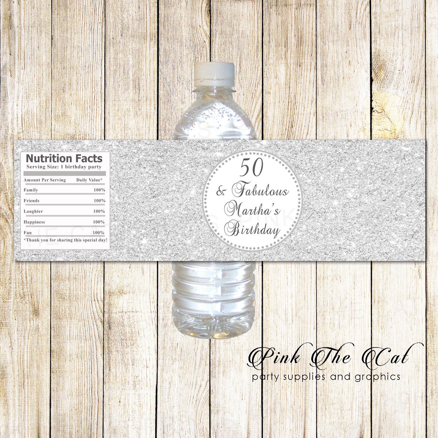 Glitter Silver Birthday Party Labels, Water Bottle Labels Template, Printable Glittery Template