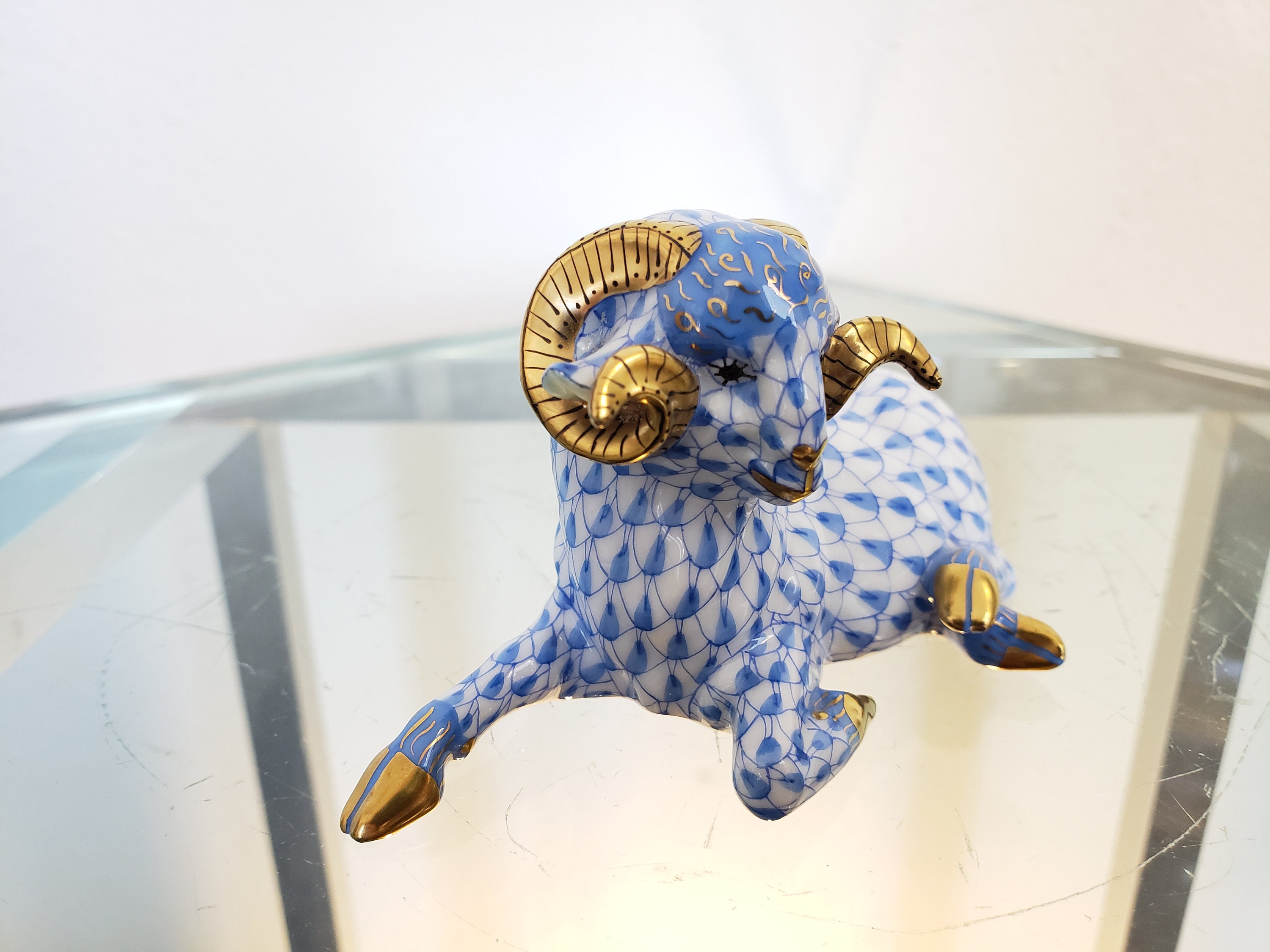 Herend Fishnet Ram Sheep/Blue Porcelain Of Hungary Luxury Gifts 24K Gold Accents Vintagesouthwest