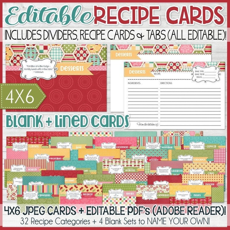 Editable Red 4x6 Recipe Card Printables, Book, Kit, Printable Cards - Not Instant Download