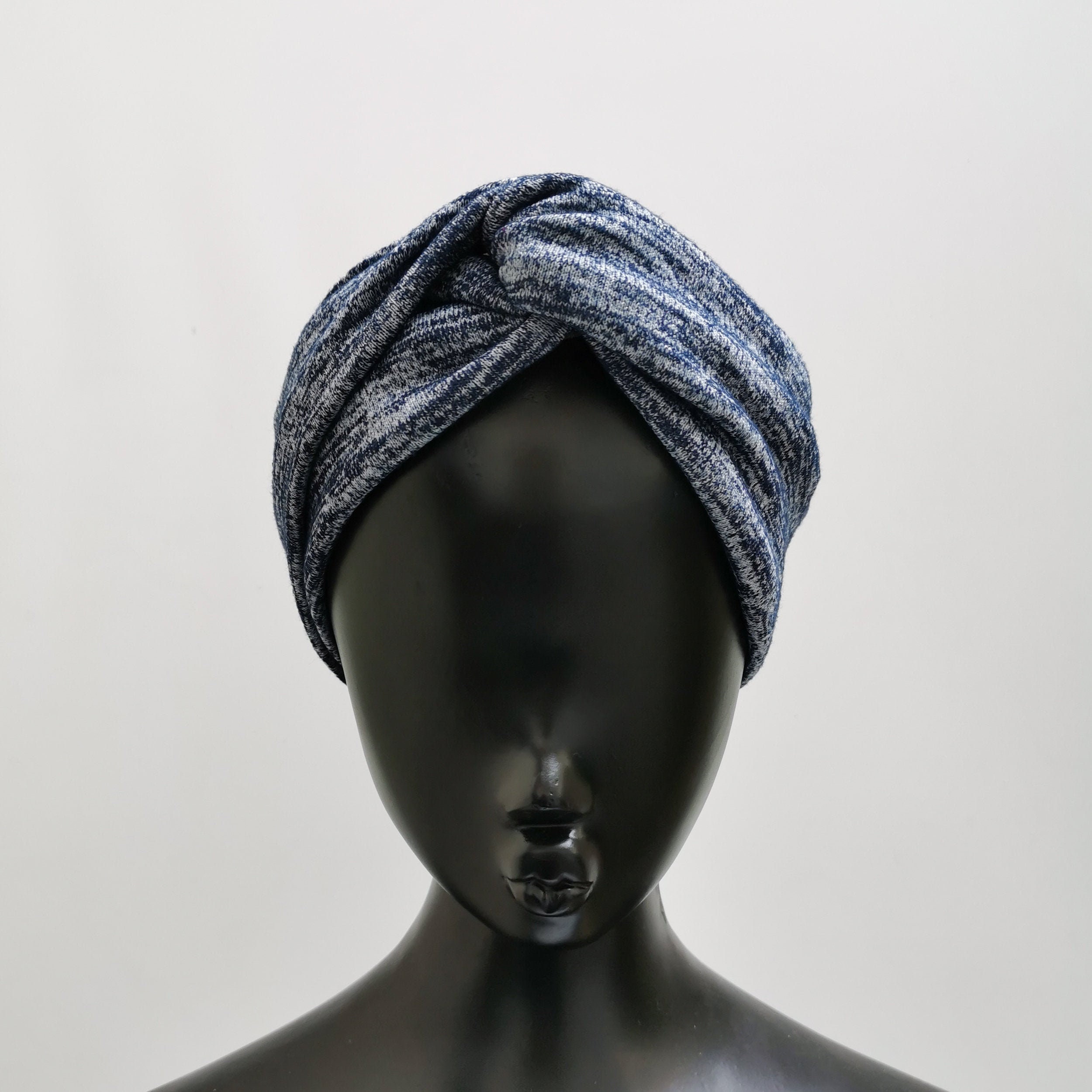 Blue White Marl Wide Fine Wool Blend Turban Twist Knot Headband