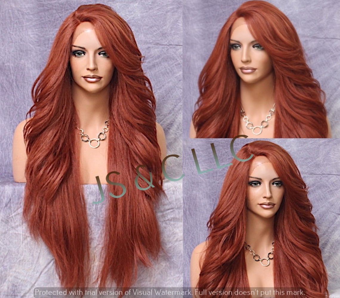 Luscious Human Hair Blend Full Lace Front Wig With Feathered Sides Long Swept Bangs & Natural Side Parting in Exotic Copper Red Color