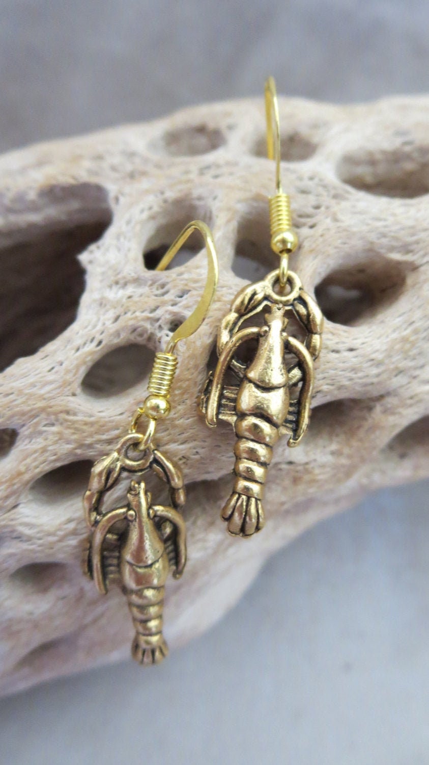 Gold Crawfish Earrings - Seafood Jewelry Louisiana New Orleans Tone French Wire Gift Idea