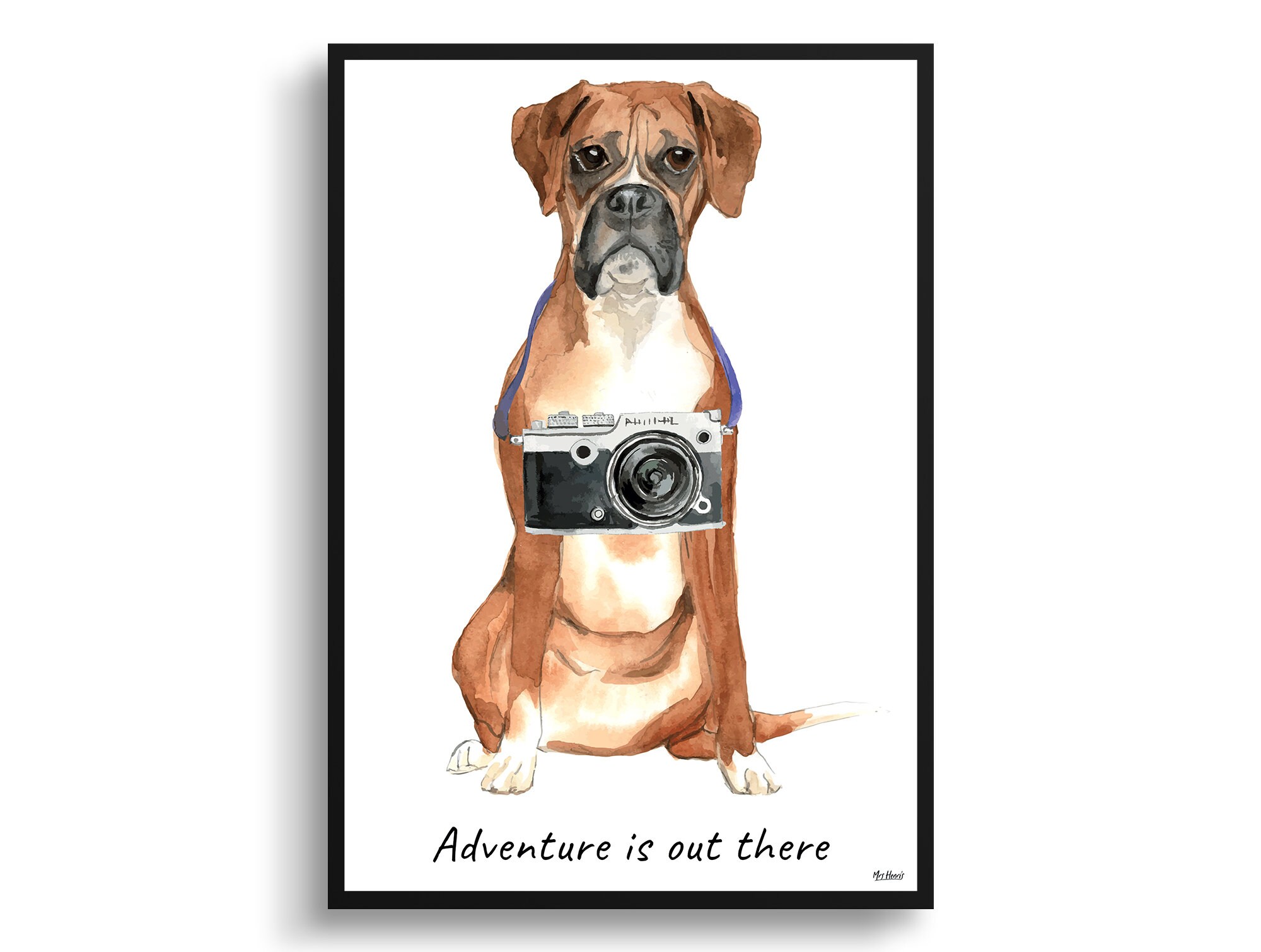 Adventure Is Out There Boxer Dog Print Illustration. Framed & Un-Framed Wall Art Options. Personalised Name. Poster Sizes