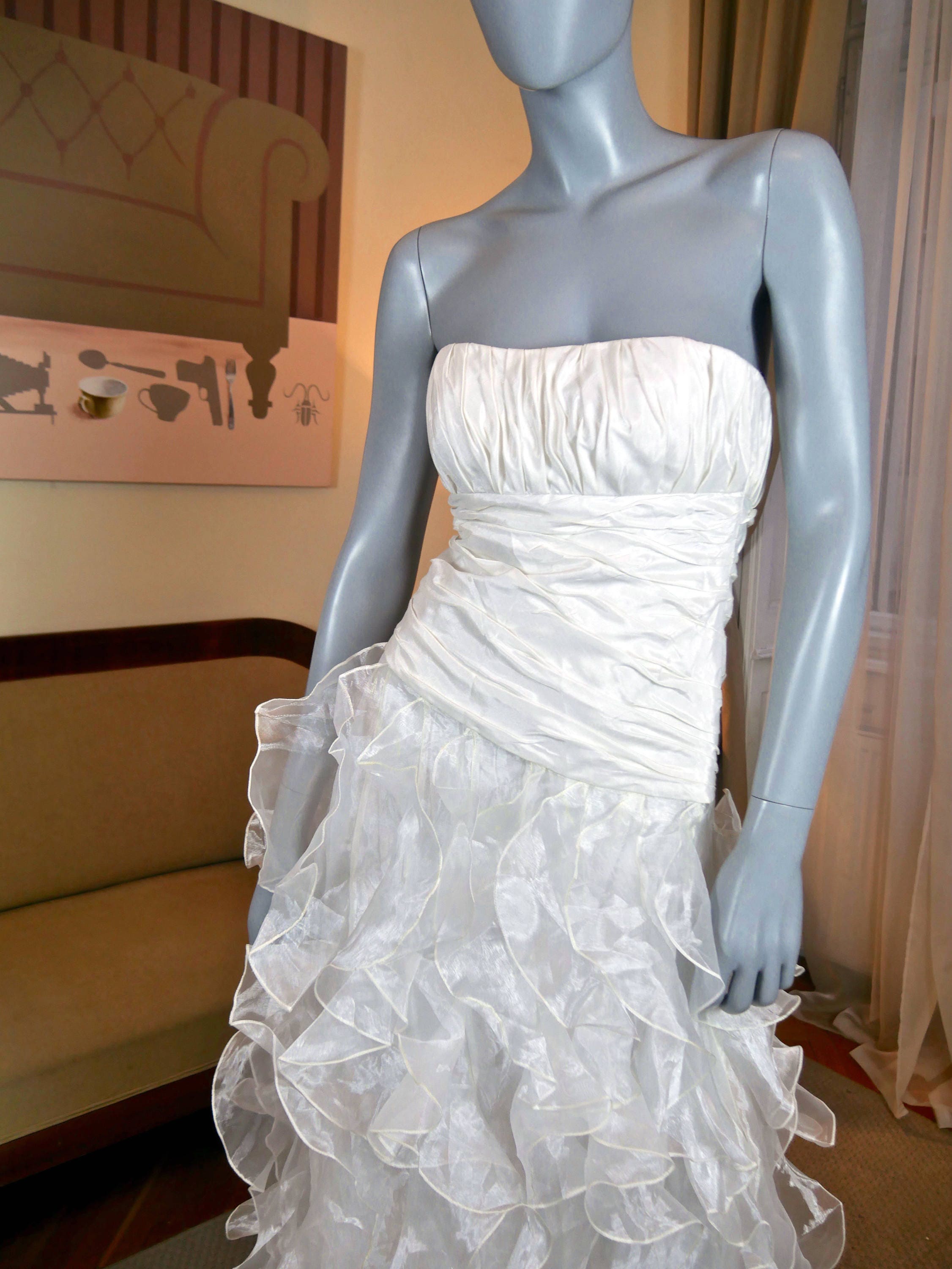 Vintage Wedding Dress, Sleeveless White Gown, European Bridal Dress W Goddess Pleats & Layered Skirt Size 2 Us, 6 Uk