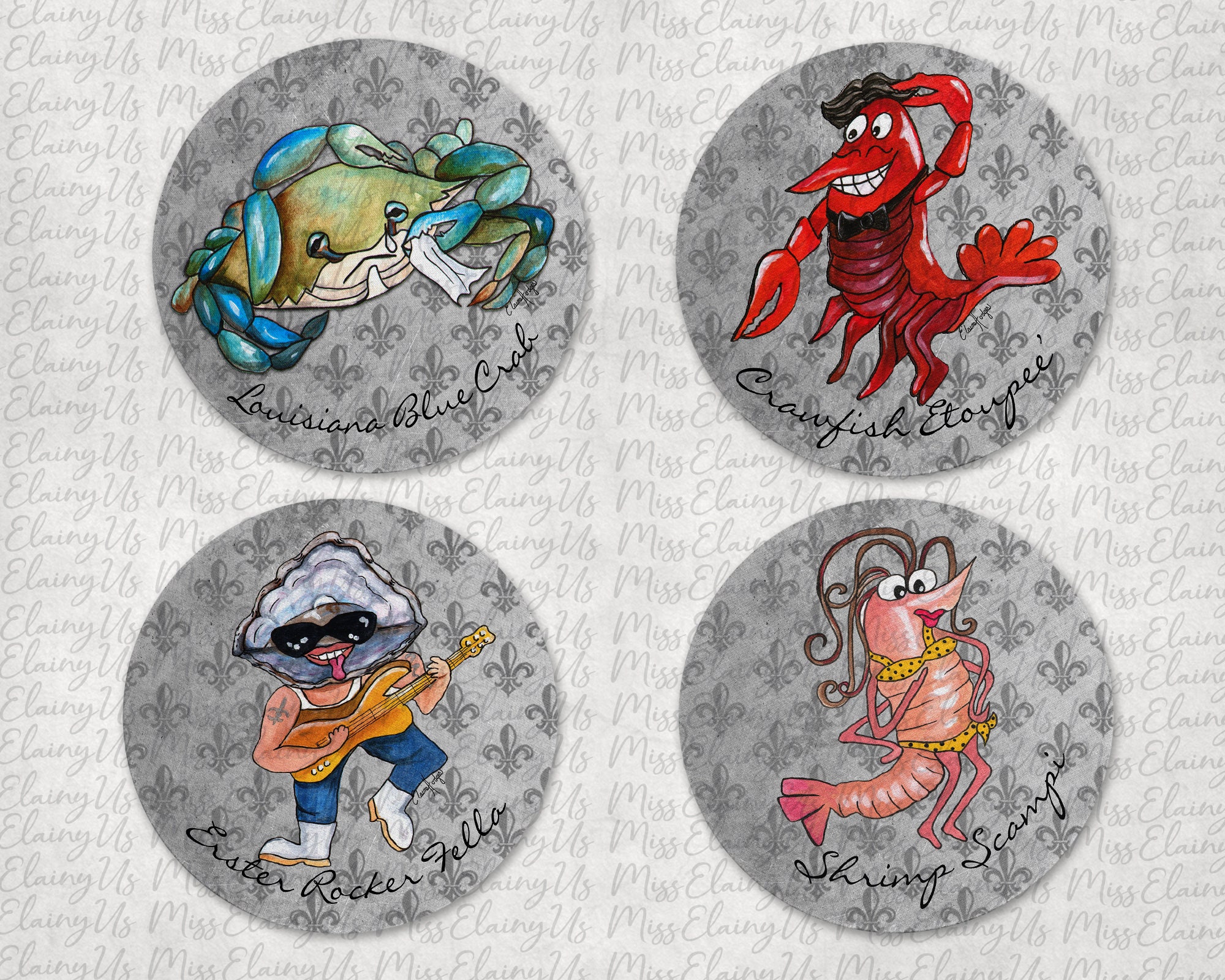 4 Coaster Set Whimsical Southern Seafood Cuisine From Original Artwork