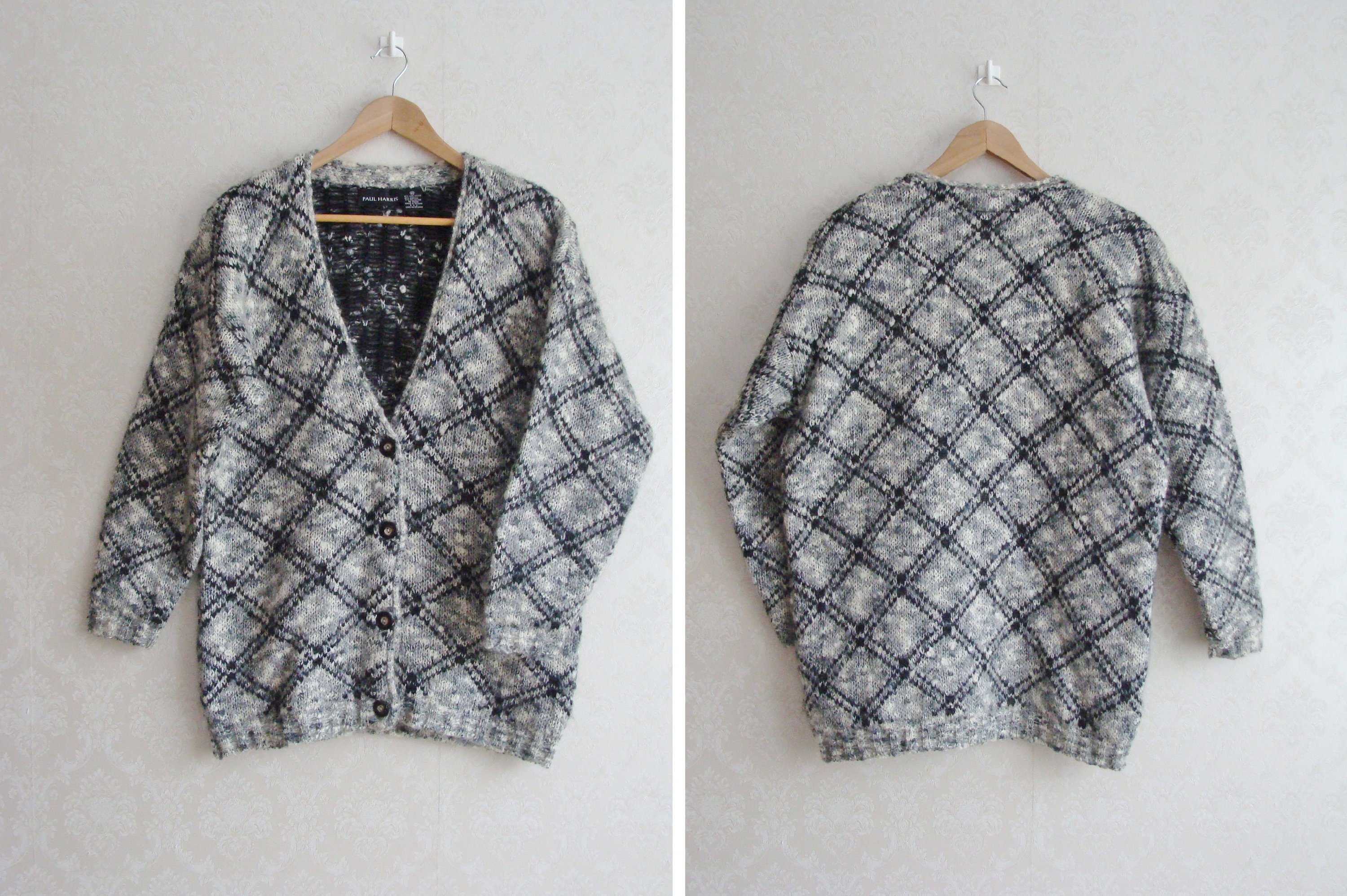 Black White Mohair Blend Cardigan, Argyle Sweater Button Up Knit Sweater, 1990S Vintage Geometric Women's Small Medium