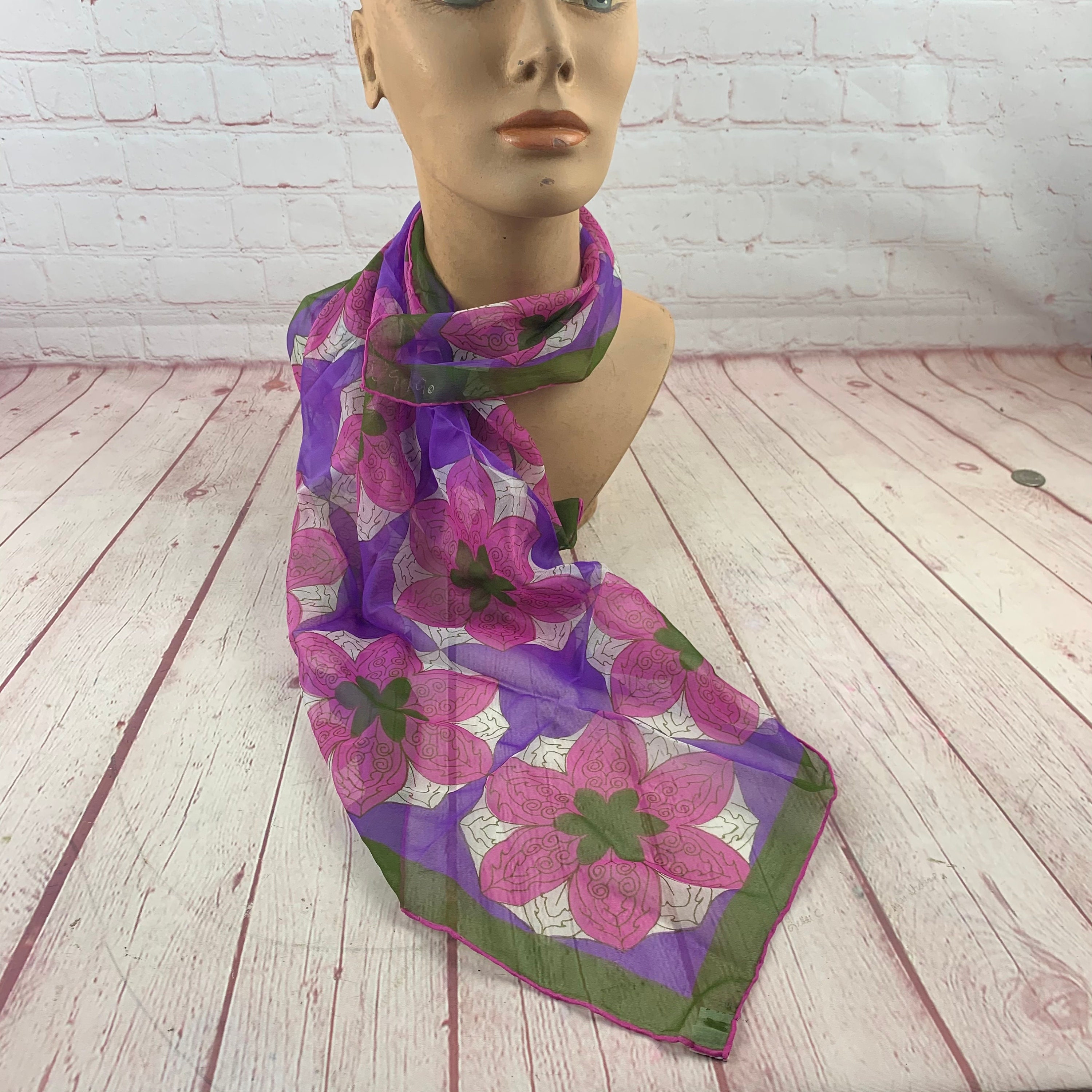 Vintage Ladies' Vera Designer Silk Blend Sheer Pink, Purple & Green Floral Print Scarf Made in Japan