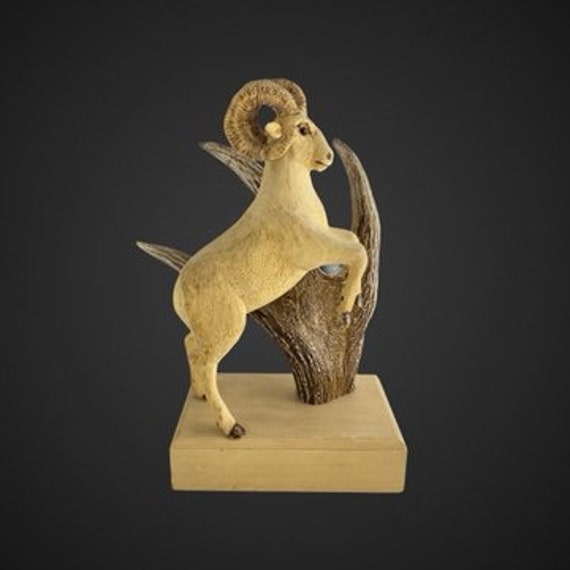 Ram Mountain Sheep Wood Carving Sculpture - Deer Antler Big Horn Folk Art Hunter Gift Cottage Decor Mens Gift