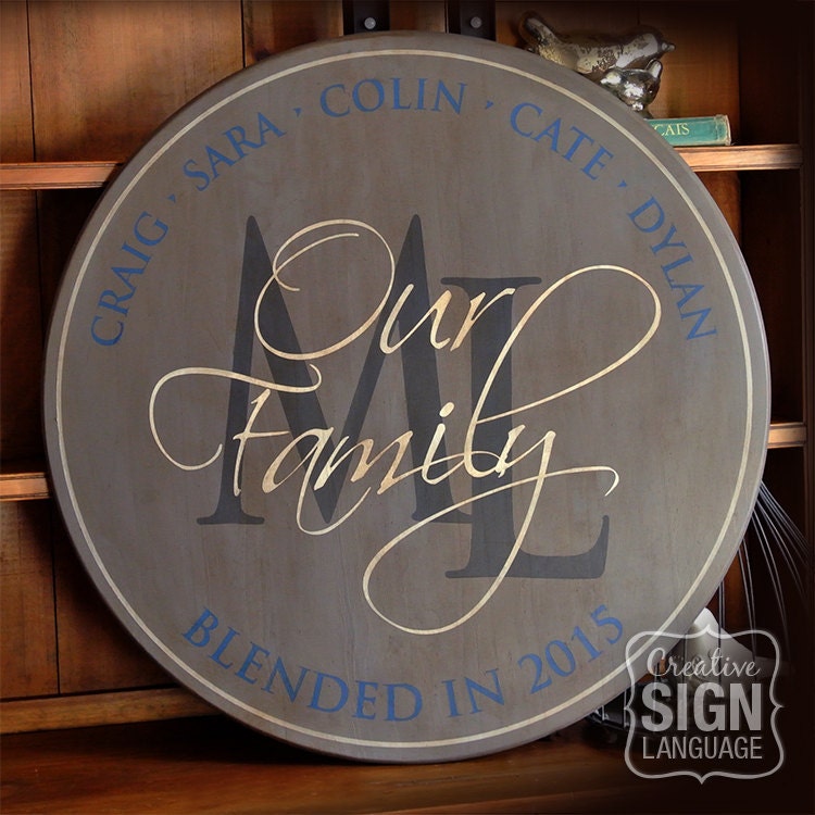 Personalized Blended Family Name Sign - Monogram Round Wedding Anniversary Gift Combined Remarried Custom Wood