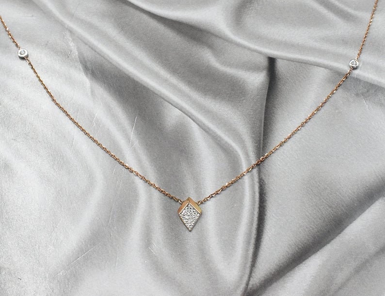 18K Rose Gold/18 Minimalist Diamond Charm Necklace Station Layering Arrow Next Day Shipping